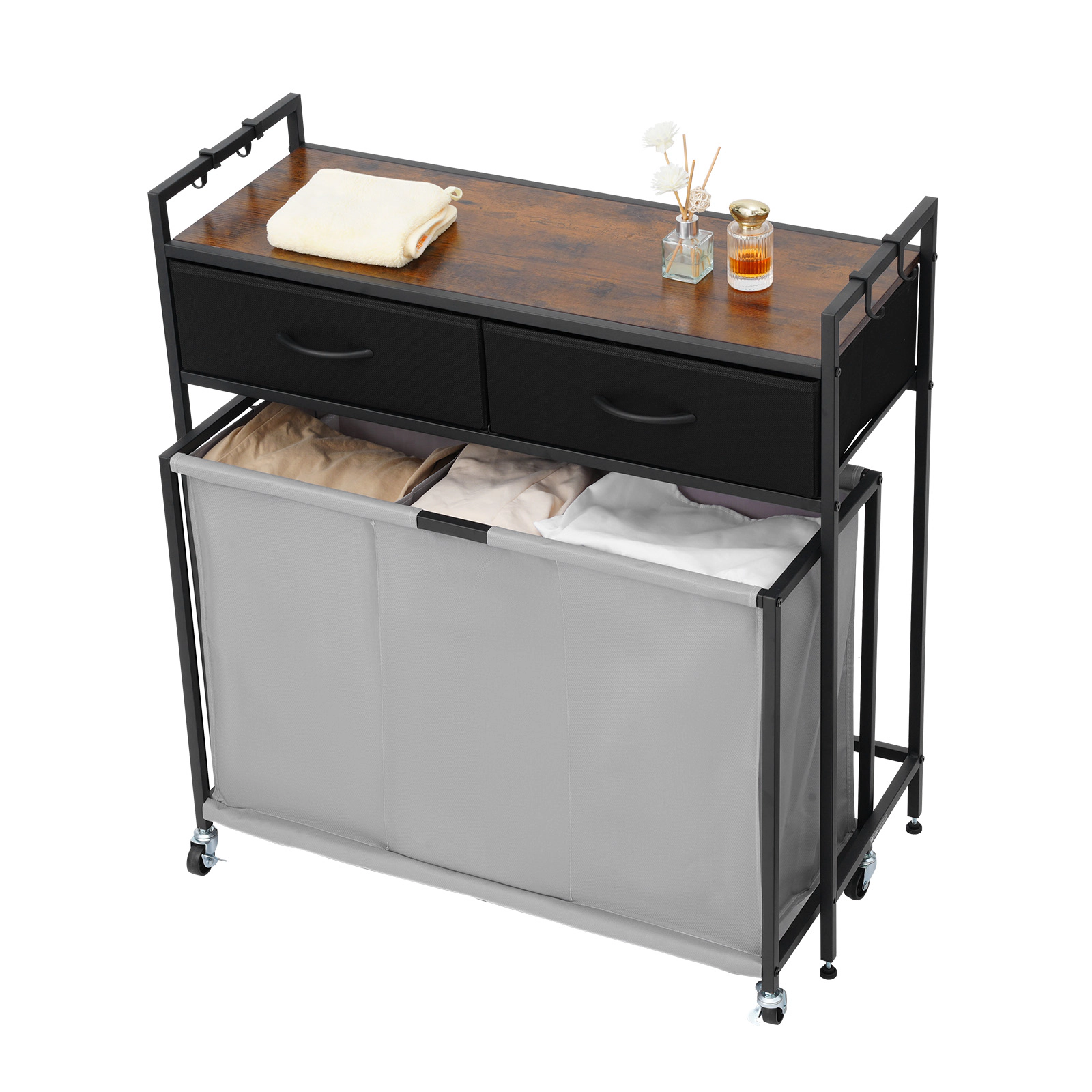 HONGGE Laundry Sorter Large Laundry Hamper with Metal Frame and Wooden Tabletop Freestanding Storage Organizer Baskets