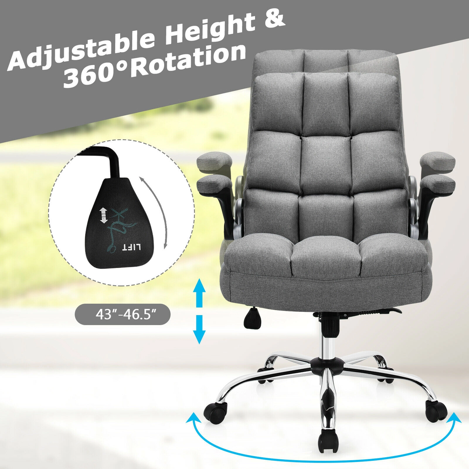 SUGIFT High Back Flip-up Armrests Linen Upholstered Swivel Office Chair 30-in x 28-in x 43-in 400-lb Capacity Gray