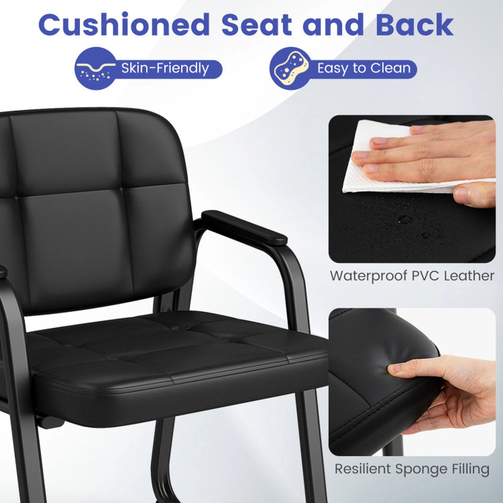 SUGIFT Set of 4 Black 330-lb Capacity PVC Leather Padded Armchairs with Sled Base and Cushioned Seat