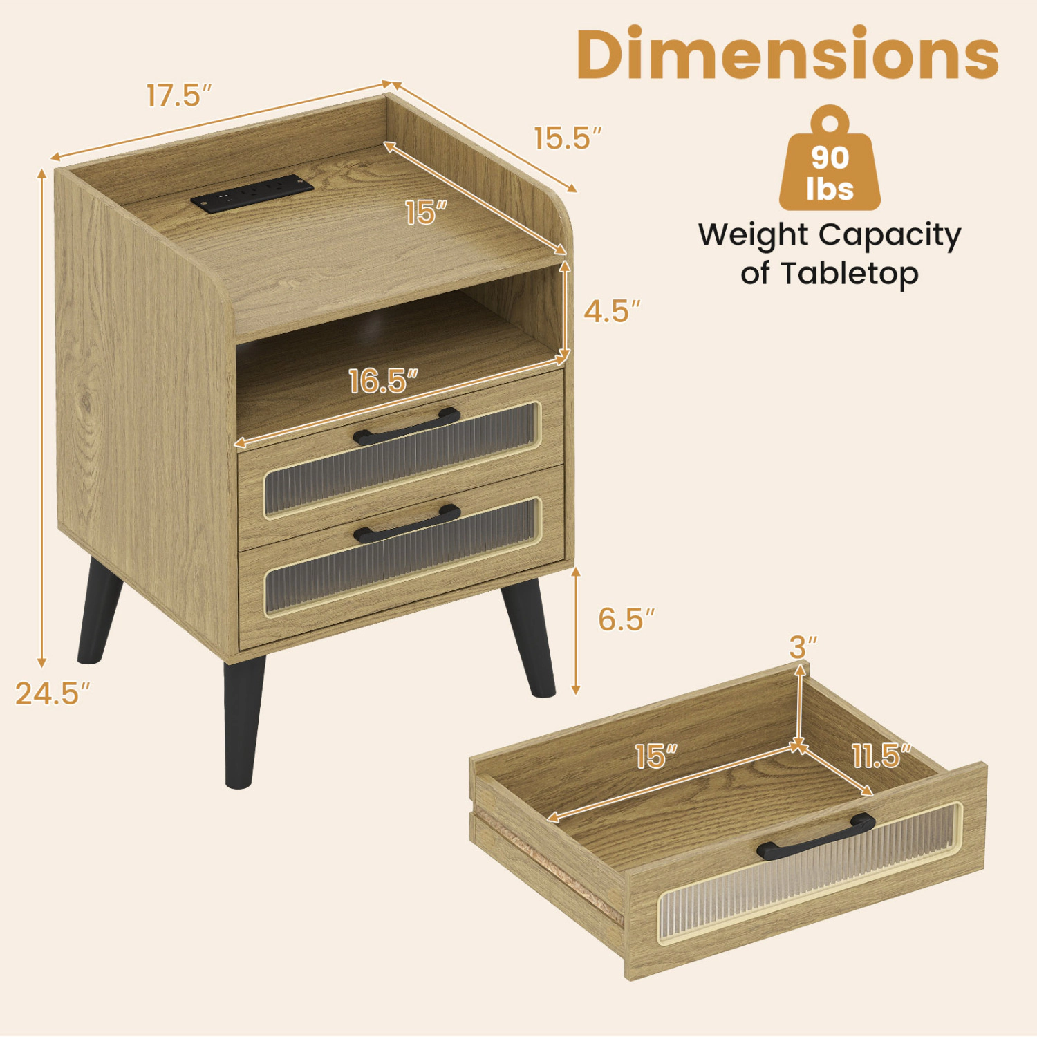 Glintex Mid-Century LED Nightstand with Fluted Drawer Fronts and Anti-Drop Stoppers