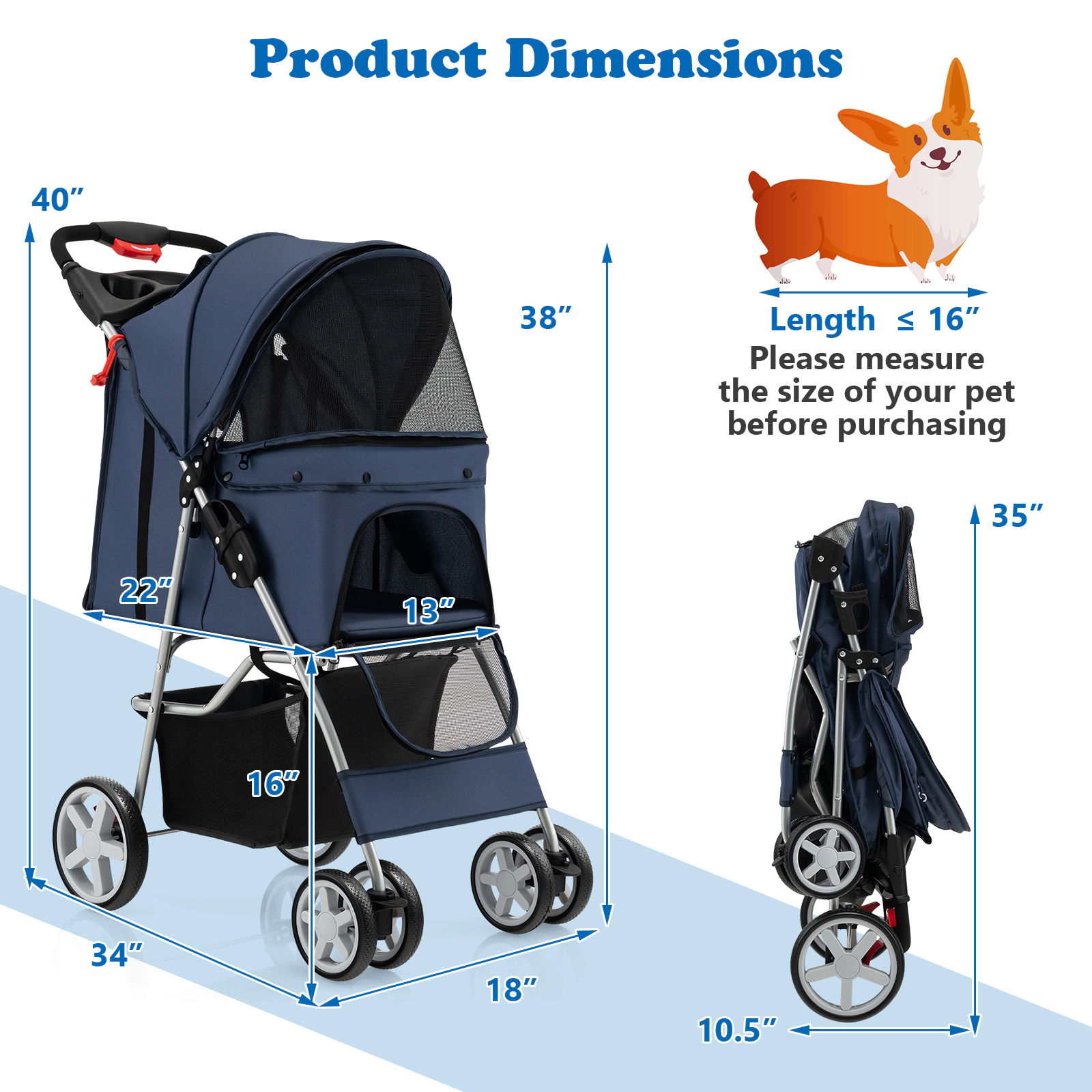 SUGIFT Navy Lightweight Folding Pet Stroller with Storage Basket 34-in W 18-in D 40-in H 33-lb Seat Capacity