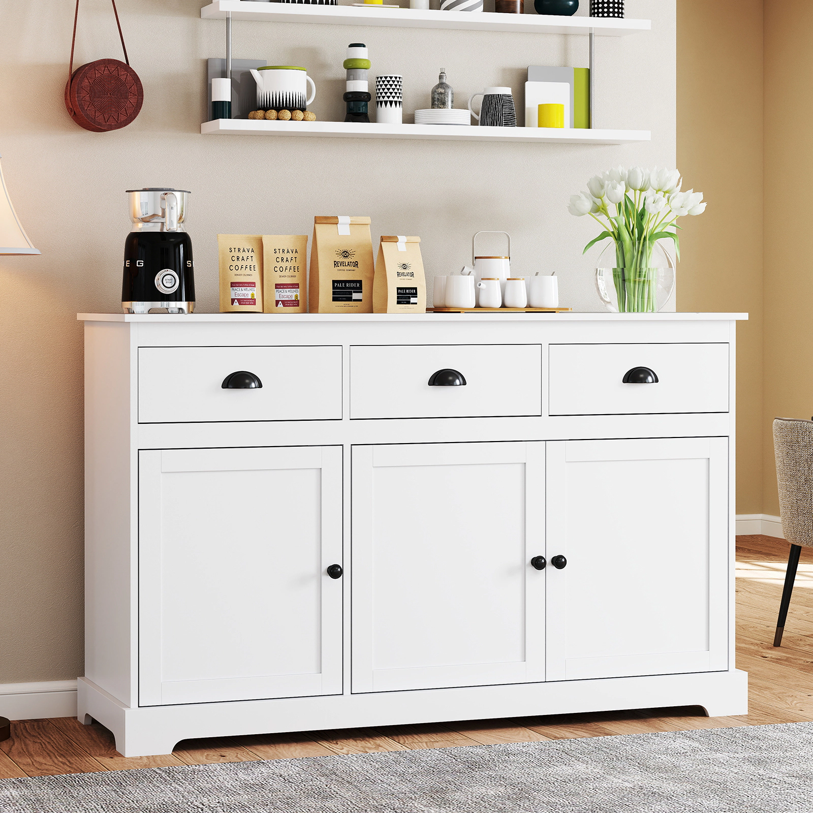 SUGIFT 3-Drawer Cup Pulls Adjustable Shelves Buffet Sideboard 53.5-in x 17-in x 34-in 22-lb per Shelf White