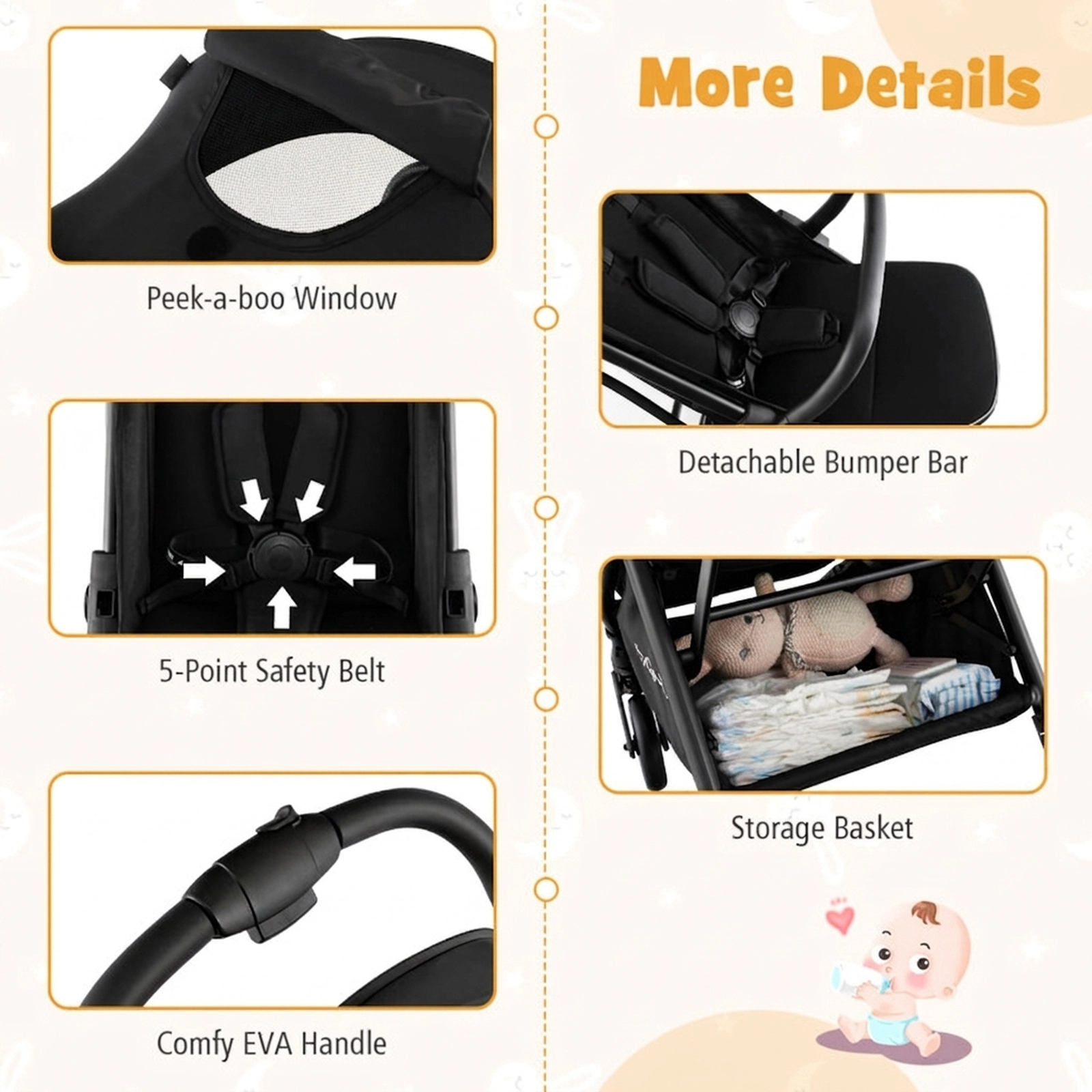 SUGIFT Black 33-lb Capacity One-Hand Folding Lightweight Aluminum Baby Stroller with Magnetic Skylight