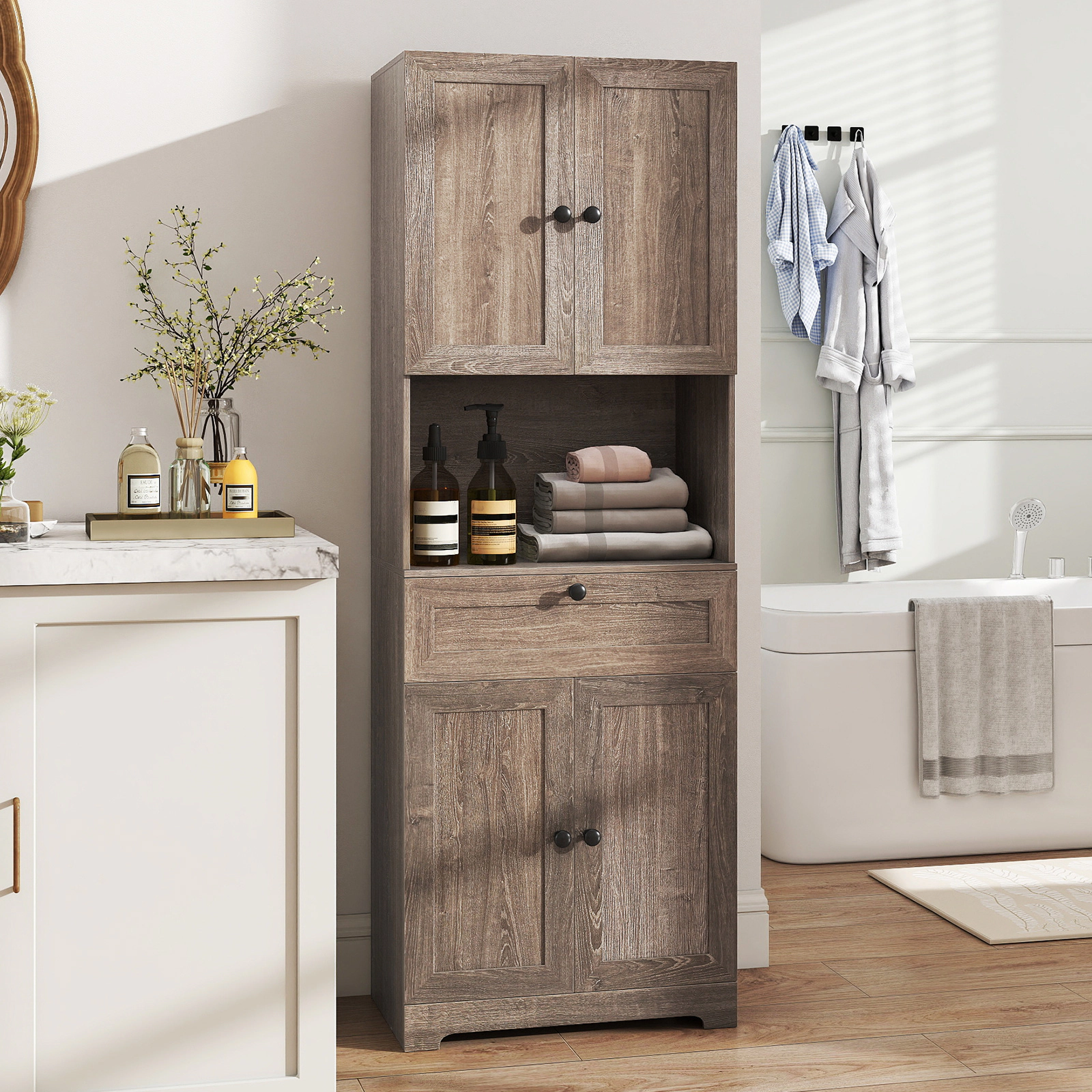SUGIFT 4 Doors 1 Drawer Adjustable Shelf Tall Storage Cabinet 23.5-in x 14-in x 67.5-in 243-lb Capacity Gray Oak