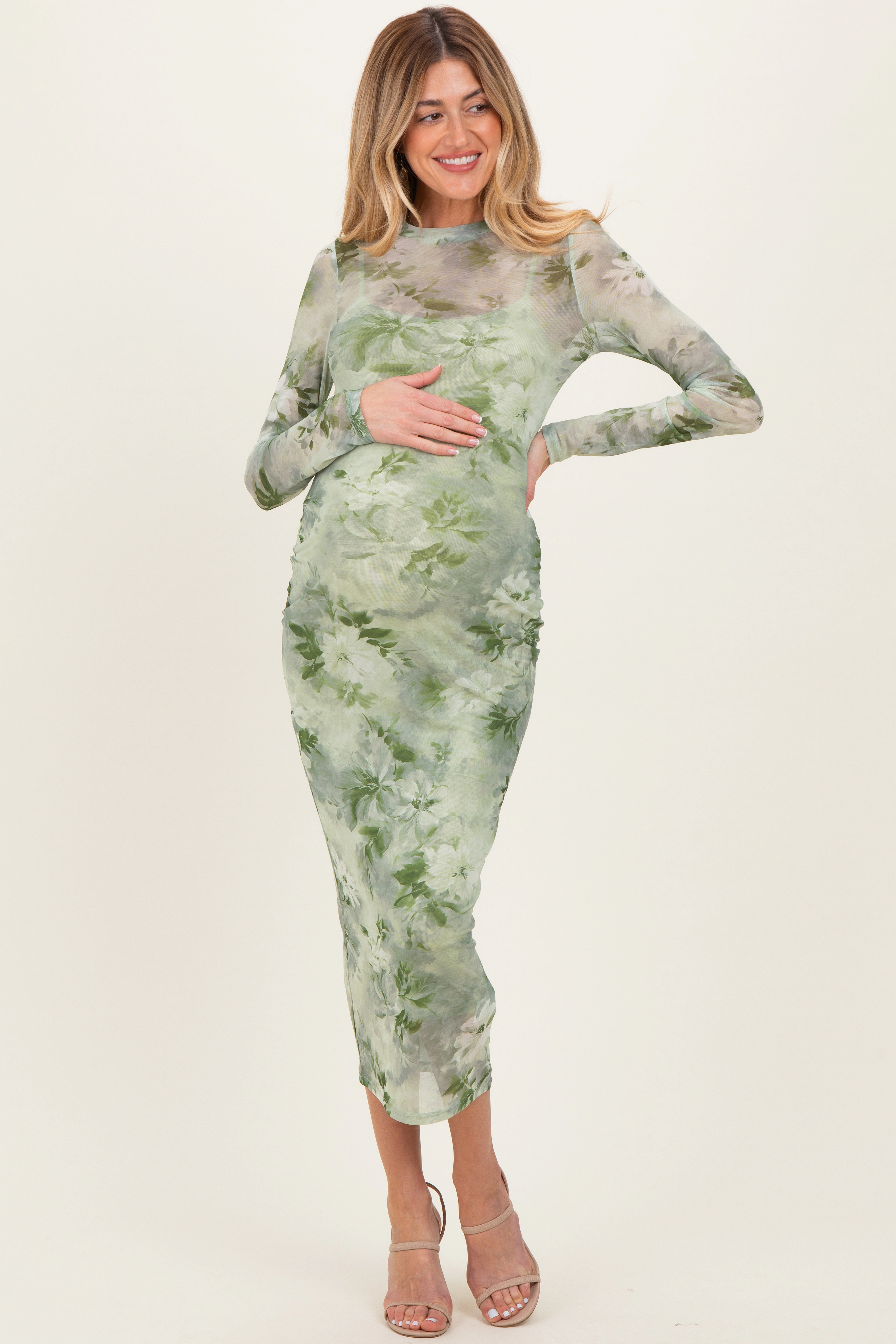 PinkBlush Womens Light Olive Floral Mesh Overlay Maternity Maxi Dress