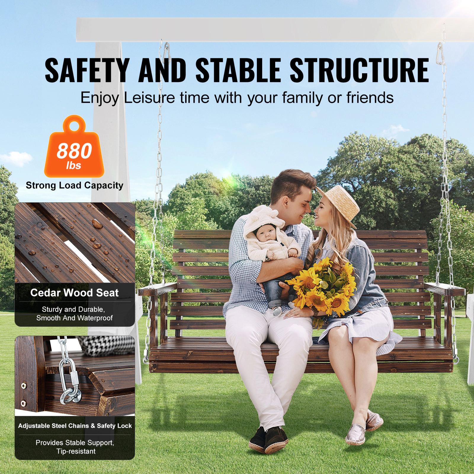 HONGGE Wooden Porch Swing Patio bench swing for Courtyard & Garden Upgraded 880 lbs Strong Load Capacity Heavy Duty