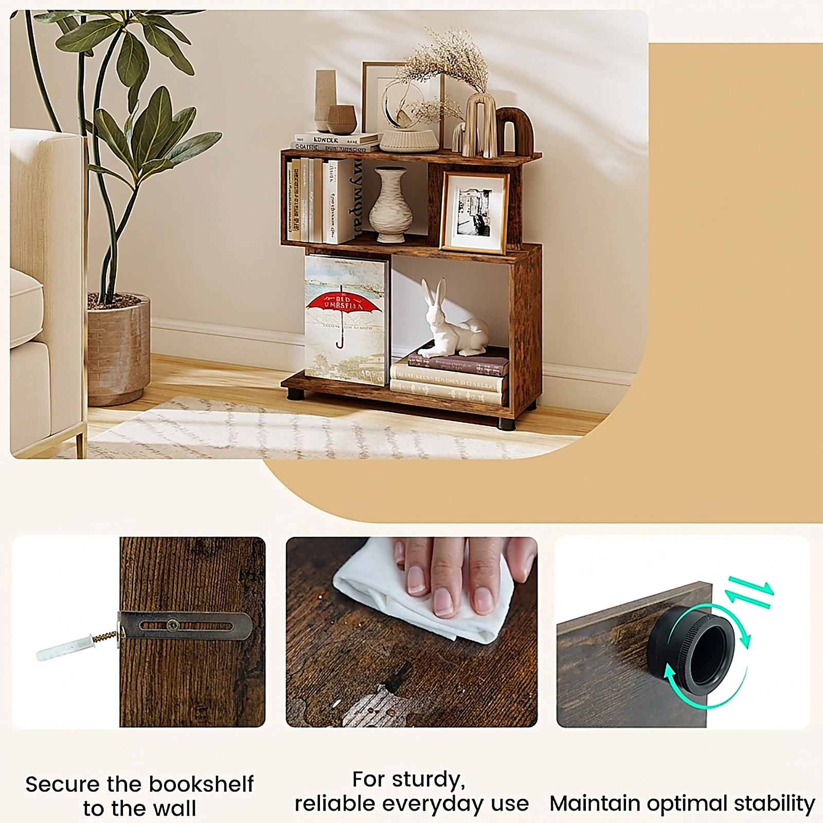 SUGIFT 3-Tier Modern S-Shaped Bookshelf with Adjustable Feet and Reversible Frame