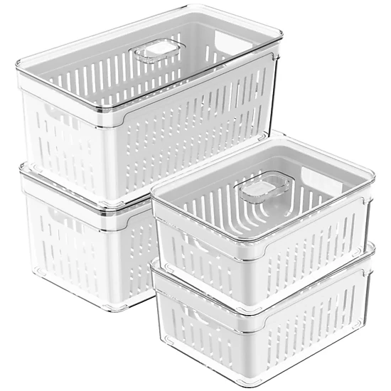 OU Fridge Organizer Bin w/ Drain Basket & Vented Lid, Clear Stackable Refrigerator Storage Container, BPA Free, 4 Pack