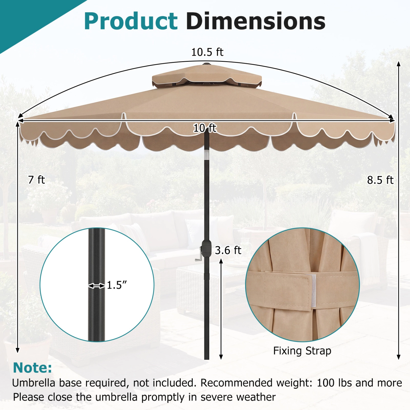 SUGIFT 10-ft Coffee Market Patio Umbrella, Scalloped Double-Vented Canopy, Crank Lift, Push-Button Tilt