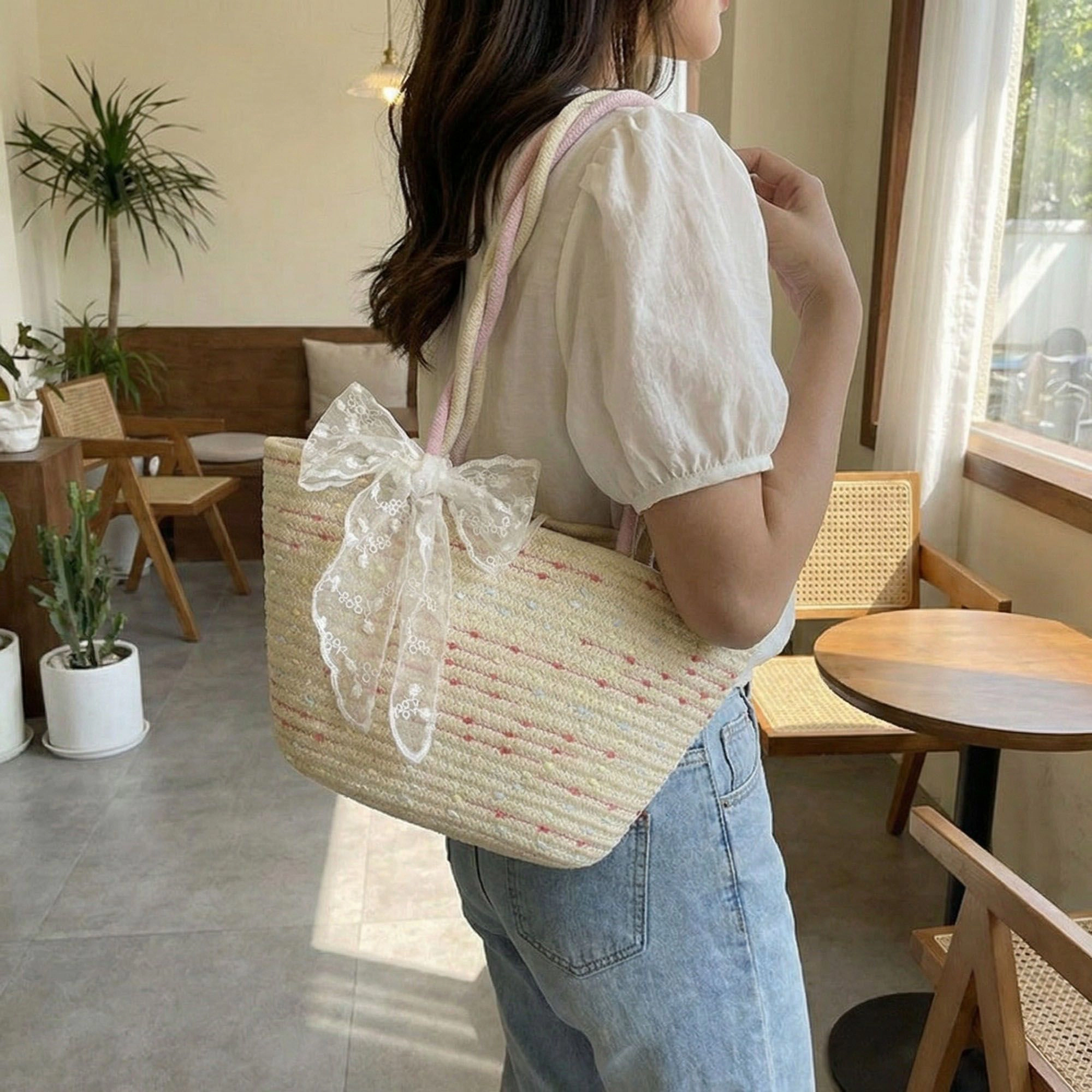 Alilang Women's Woven Straw Handbag with Lace Bow Accent Dual Top Handles and Structured Mini Tote Design