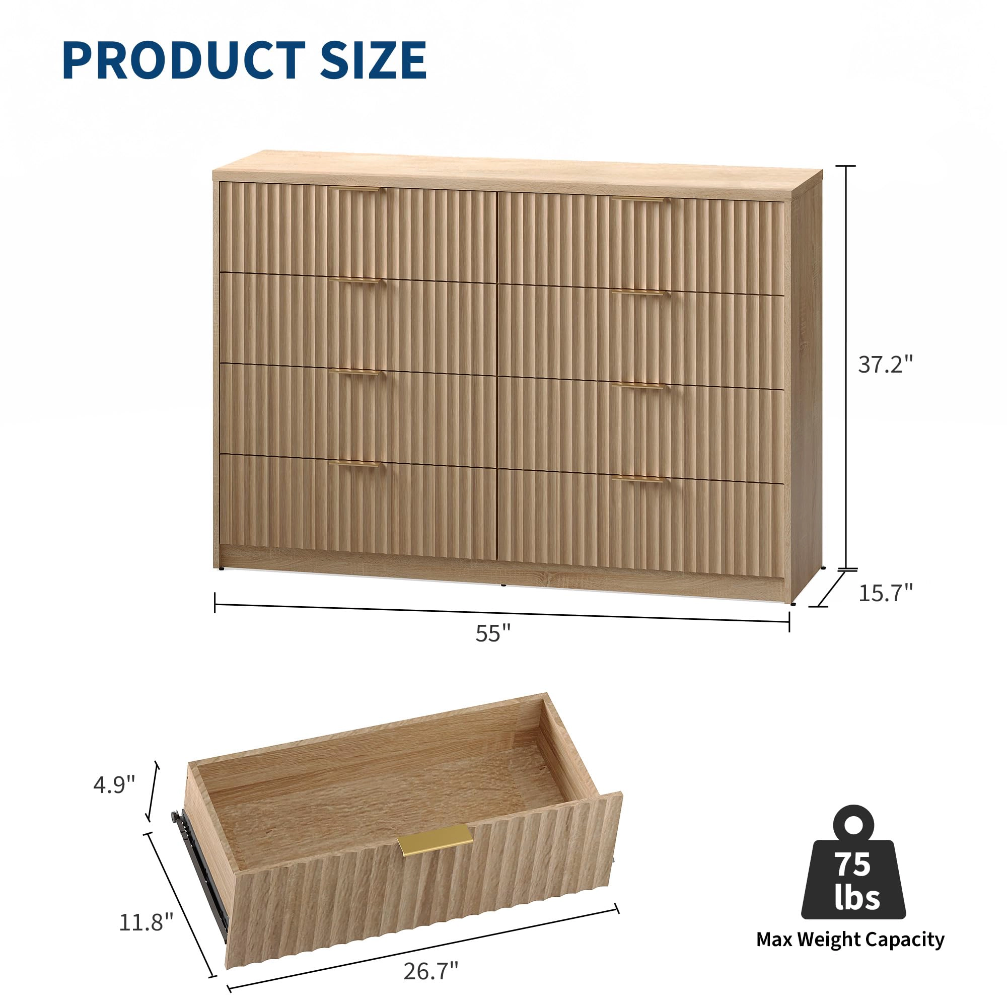 8 Drawer Fluted Double Dresser with Metal Handles, Modern Wood Storage Chest for Bedroom Entryway