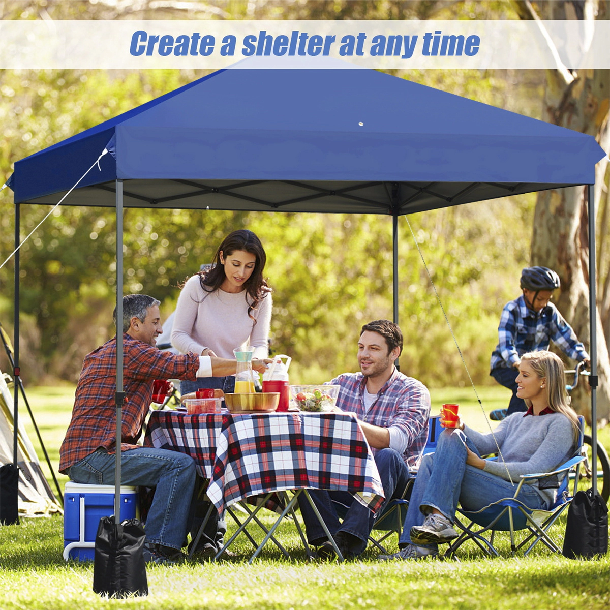 SUGIFT Blue 8-ft by 8-ft 3-Position Steel Frame Pop Up Canopy Tent with Drain Hole and Wheeled Bag