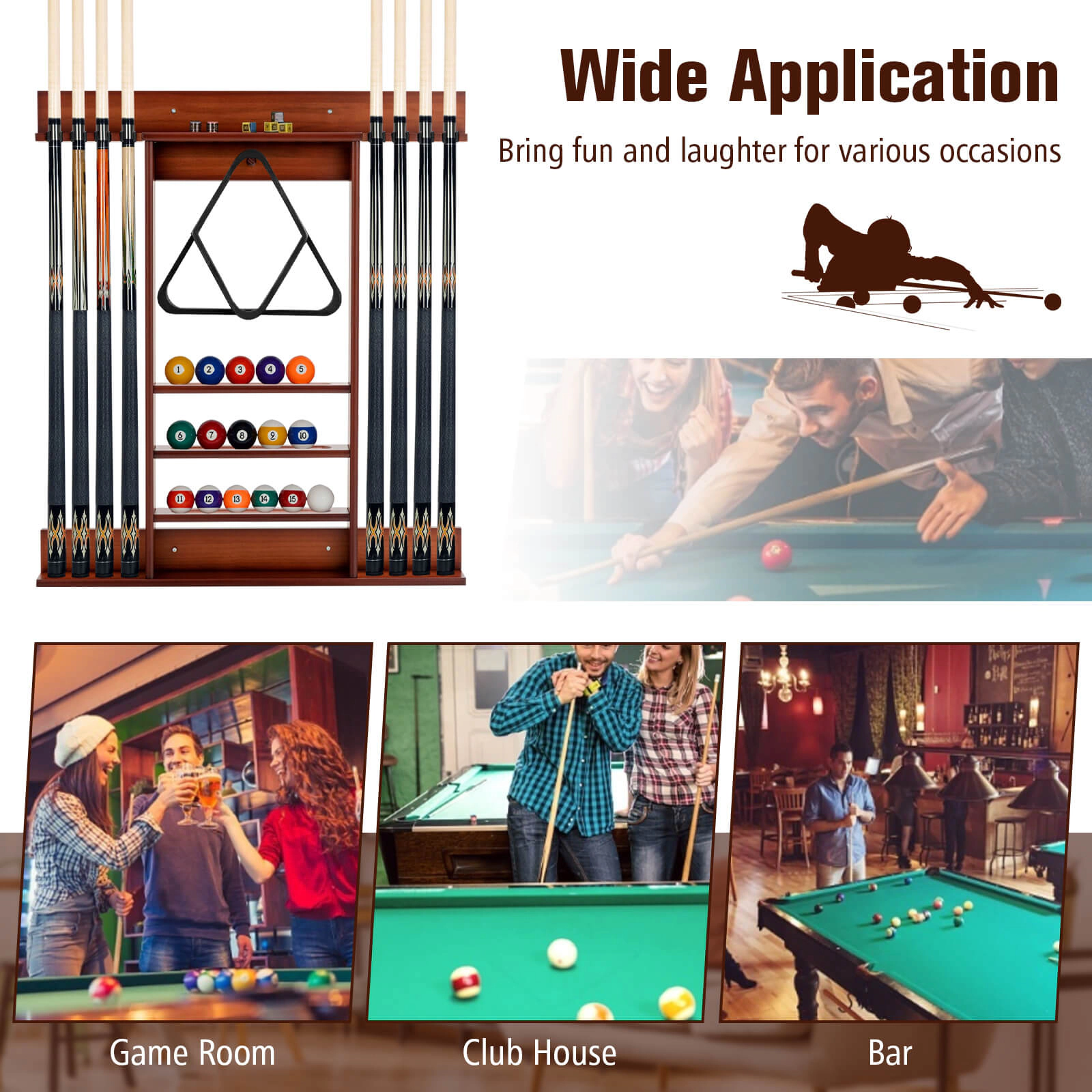 SUGIFT Brown Wall Mounted Billiard Pool Cue Rack with 3-Tier Ball Grooves 31-in W 3-in D 36-in H 11-lb Per Shelf