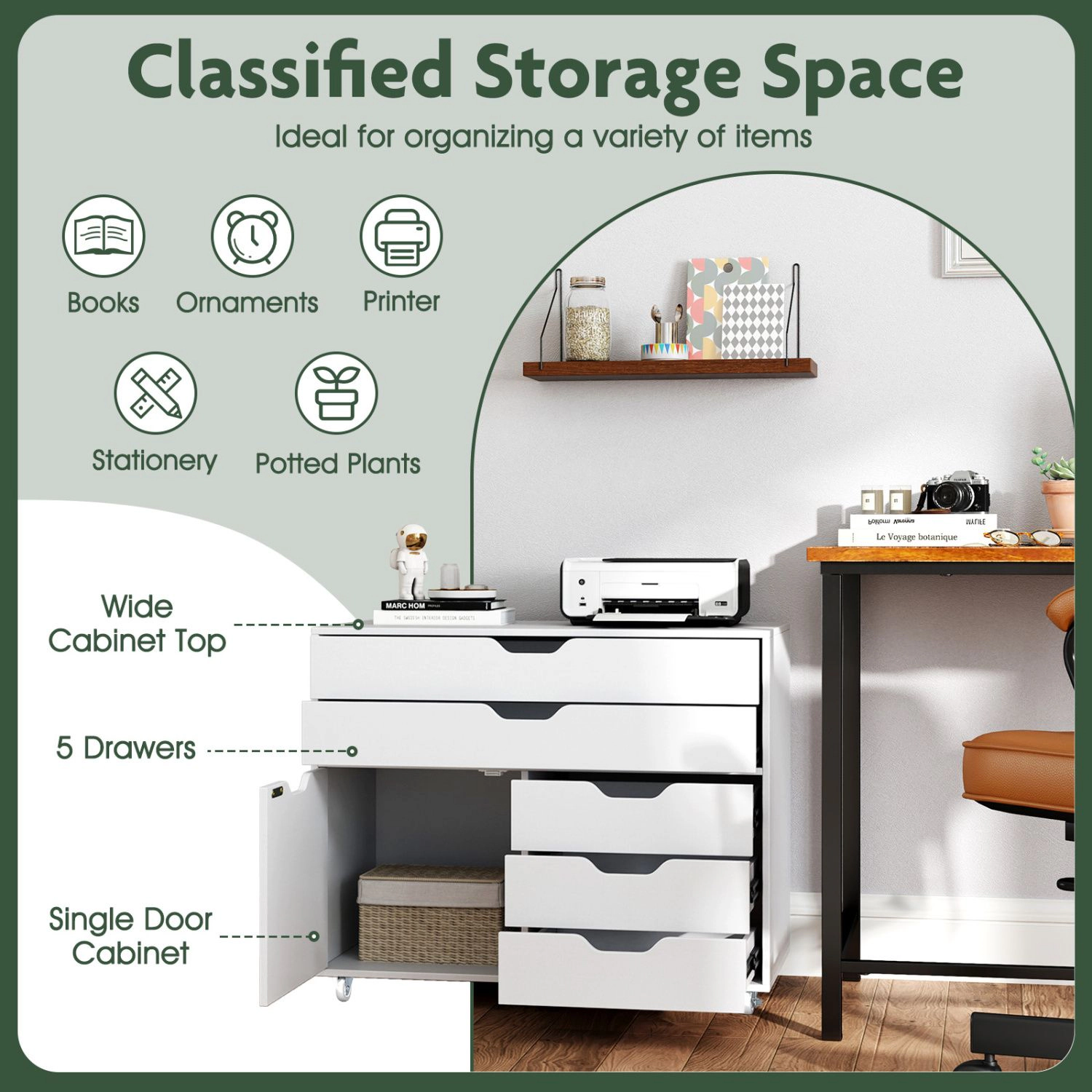 SlickBlue 5 Drawer Mobile Storage Cabinet with Door and Wheels