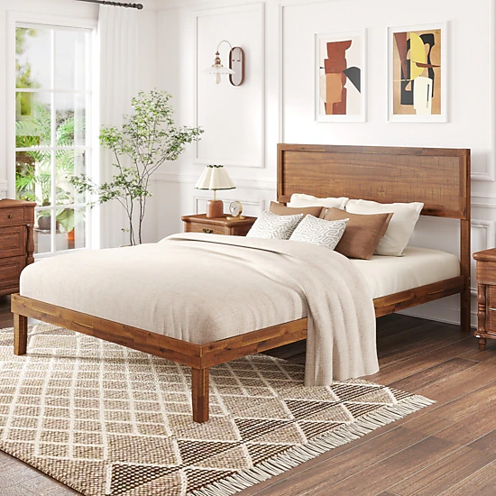 LJG Twin/Full/Queen Size Bed Frame with Headboard and Wooden Slats Support-Full Size
