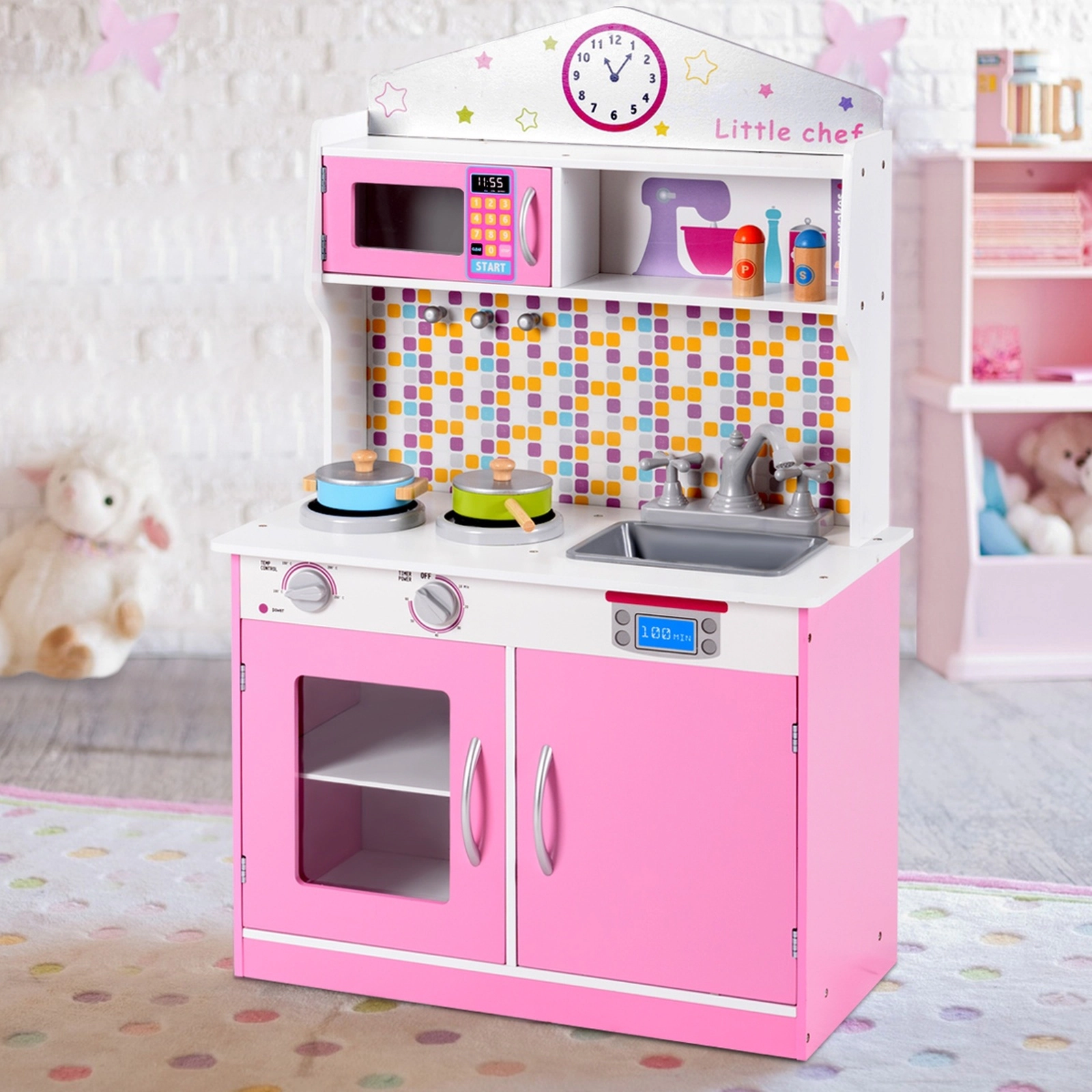 Kids Play Kitchen Playset Opening Cabinet Doors Working Knobs Cookware 23.6-in Compact Wooden Kitchen Set Ages 3-8 Pink