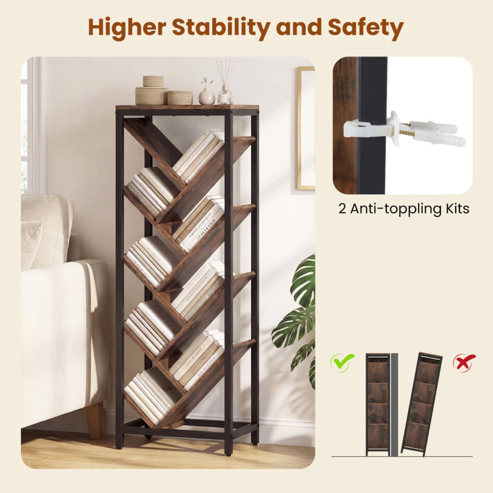 SUGIFT Rustic Brown 9-Tier Tree-Shaped Freestanding Bookcase for Hardcover Books