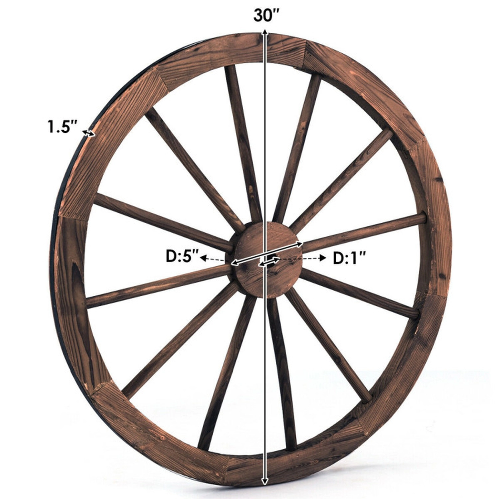 SUGIFT Set of 2 Brown Carbonized Fir Wood Decorative Wagon Wheels with Steel Rims 30-in Dia 1.5-in D