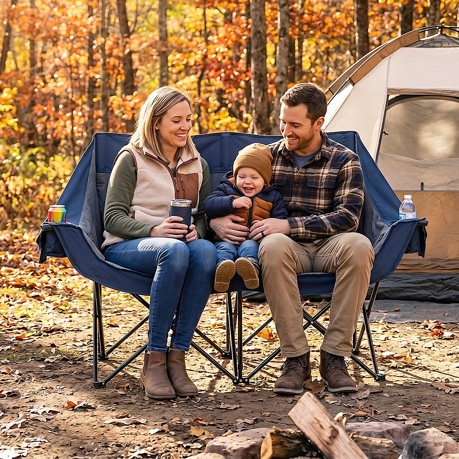 SUGIFT 660-lb Capacity Heated Double Camping Chair Loveseat with 4 Heating Zones 3 Heat Levels and Wine Holders
