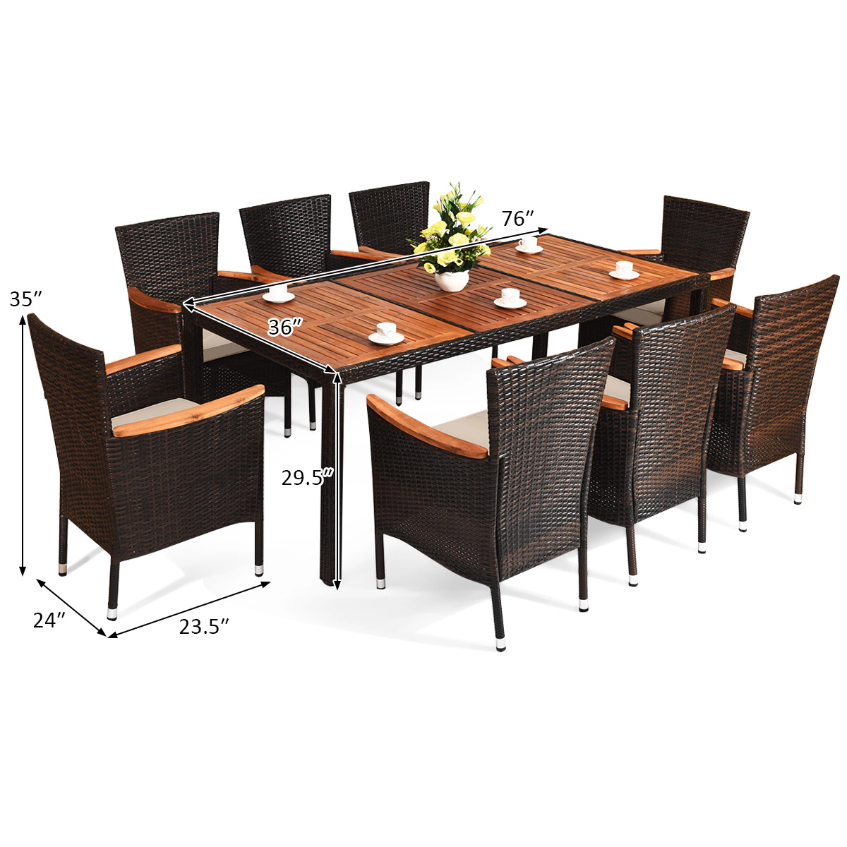 SUGIFT 9-Piece Stackable Rattan Chairs Acacia Wood Table Outdoor Dining Set 75-in x 36-in 250-lb Capacity Mix Brown