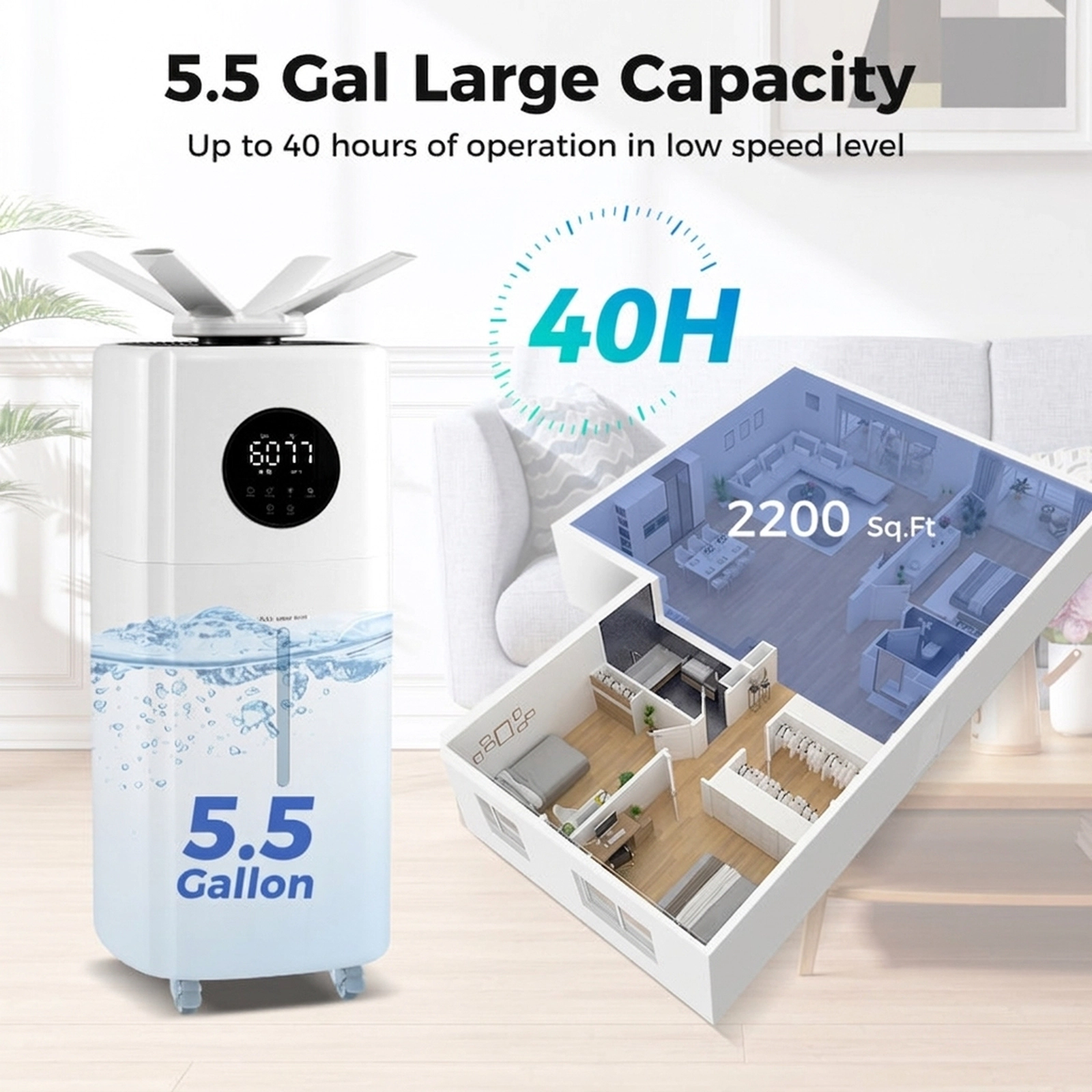 SUGIFT 5.5-Gallon Large-Room Humidifier with 360° Nozzles 40.5-in Max Height Top-Fill 21L Tank with Wheels White