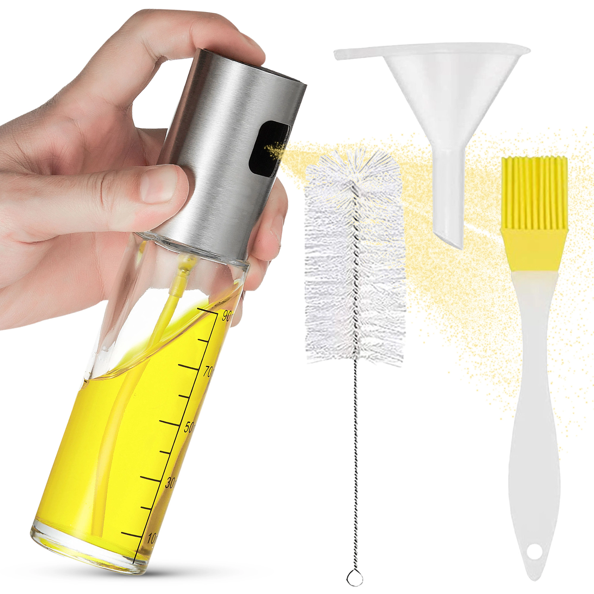 Cheer Collection 3.5 oz Glass Cooking Oil Sprayer 4-Piece Set with Funnel and Cleaning Brushes