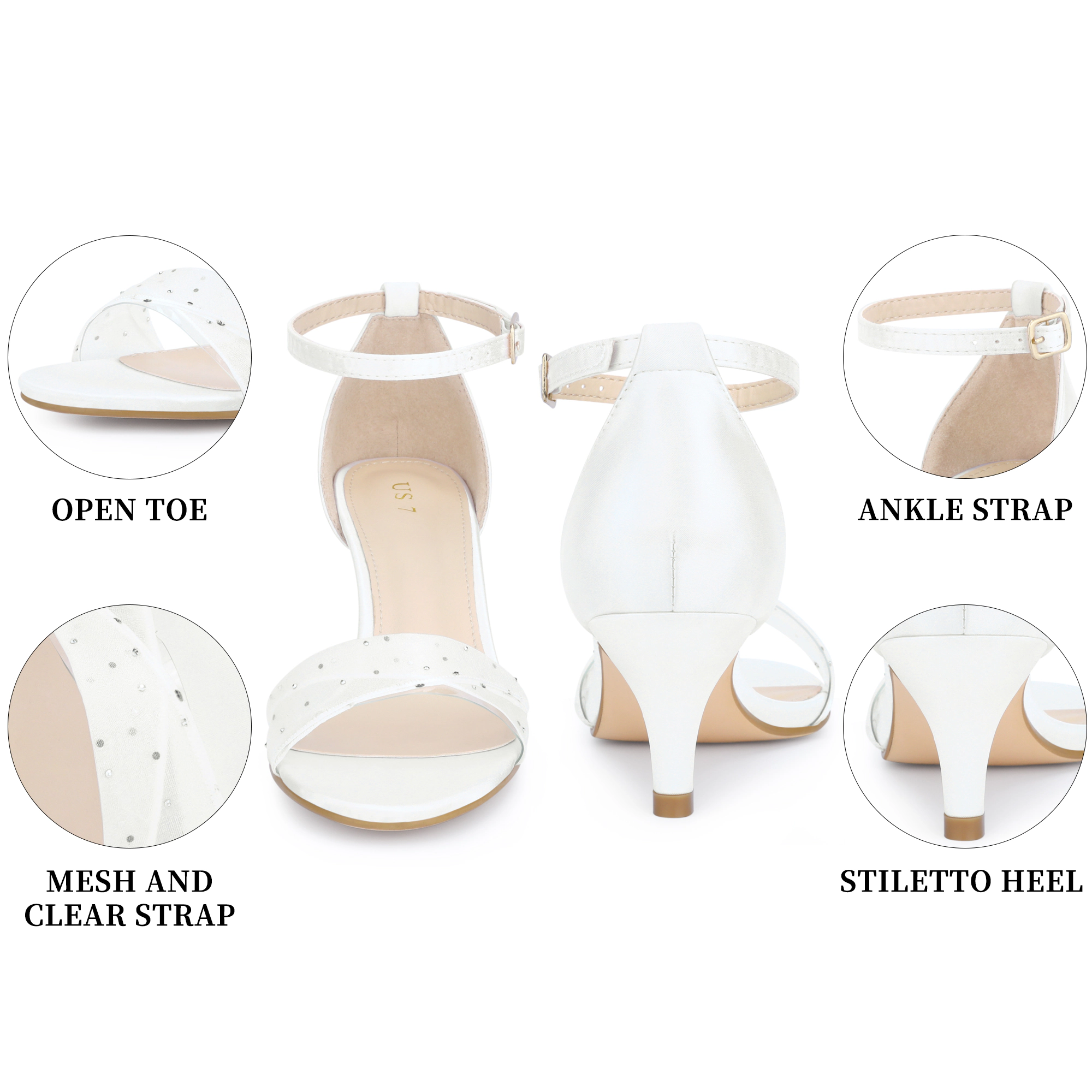BLISSFUL STEP Women's Rhinestone Mesh Ankle Strap Kitten Heel Party Sandals