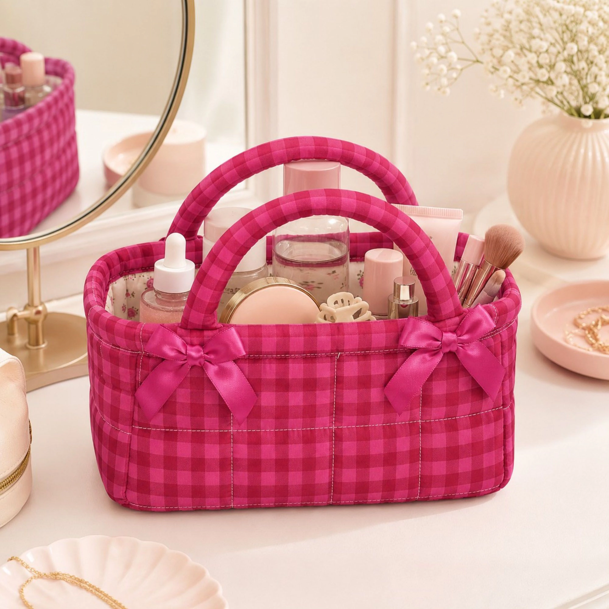Alilang Unisex Quilted Gingham Storage Caddy with Handles Bow Accent for Makeup Vanity Dorm Bathroom Organizer