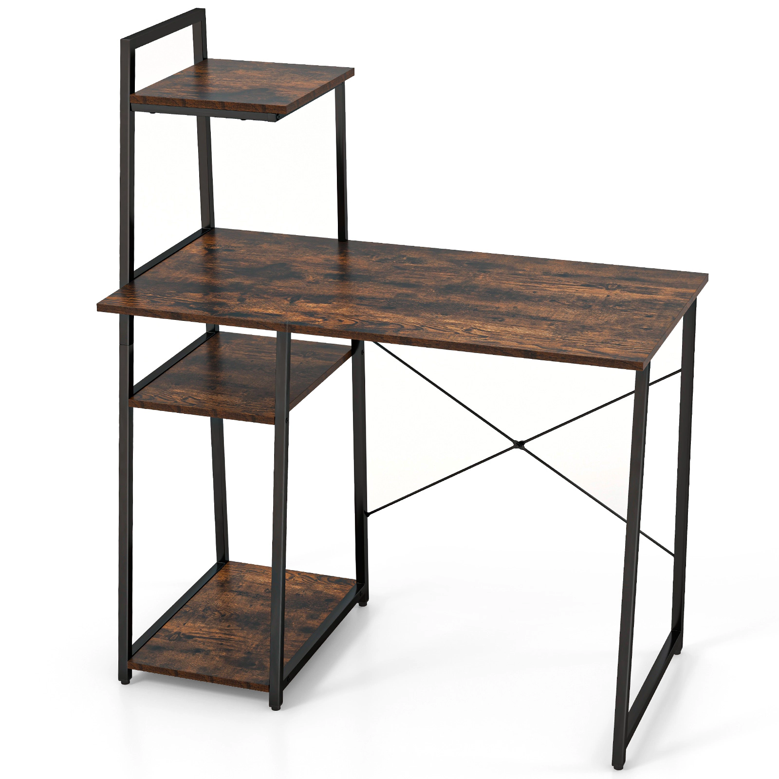SUGIFT Computer Desk with 3-Tier Storage Bookshelf and 155-lb Desktop Capacity Rustic Brown & Black
