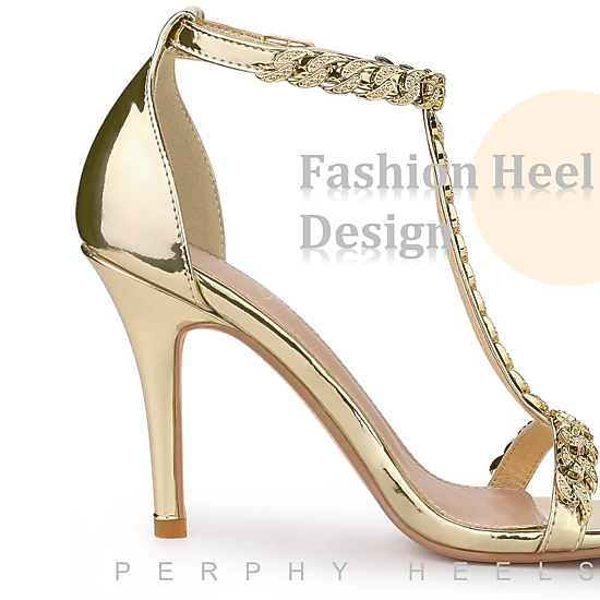 BLISSFUL STEP Women's Rhinestone T Strap Ankle Strap Stiletto Heels Sandals
