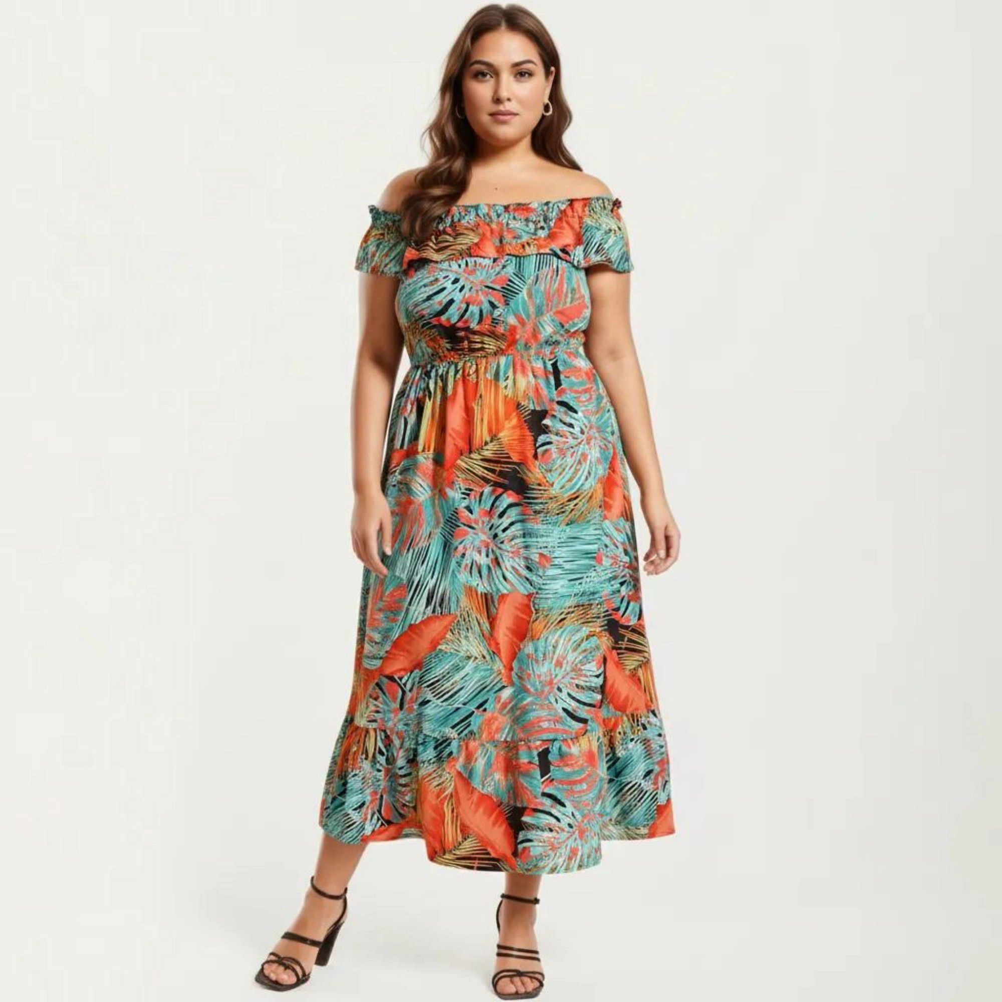 Anna-Kaci Women's Off Shoulder Tropical Print Ruffle Neckline Elastic Waist Tiered Hem Flowy Fit Midi Dress