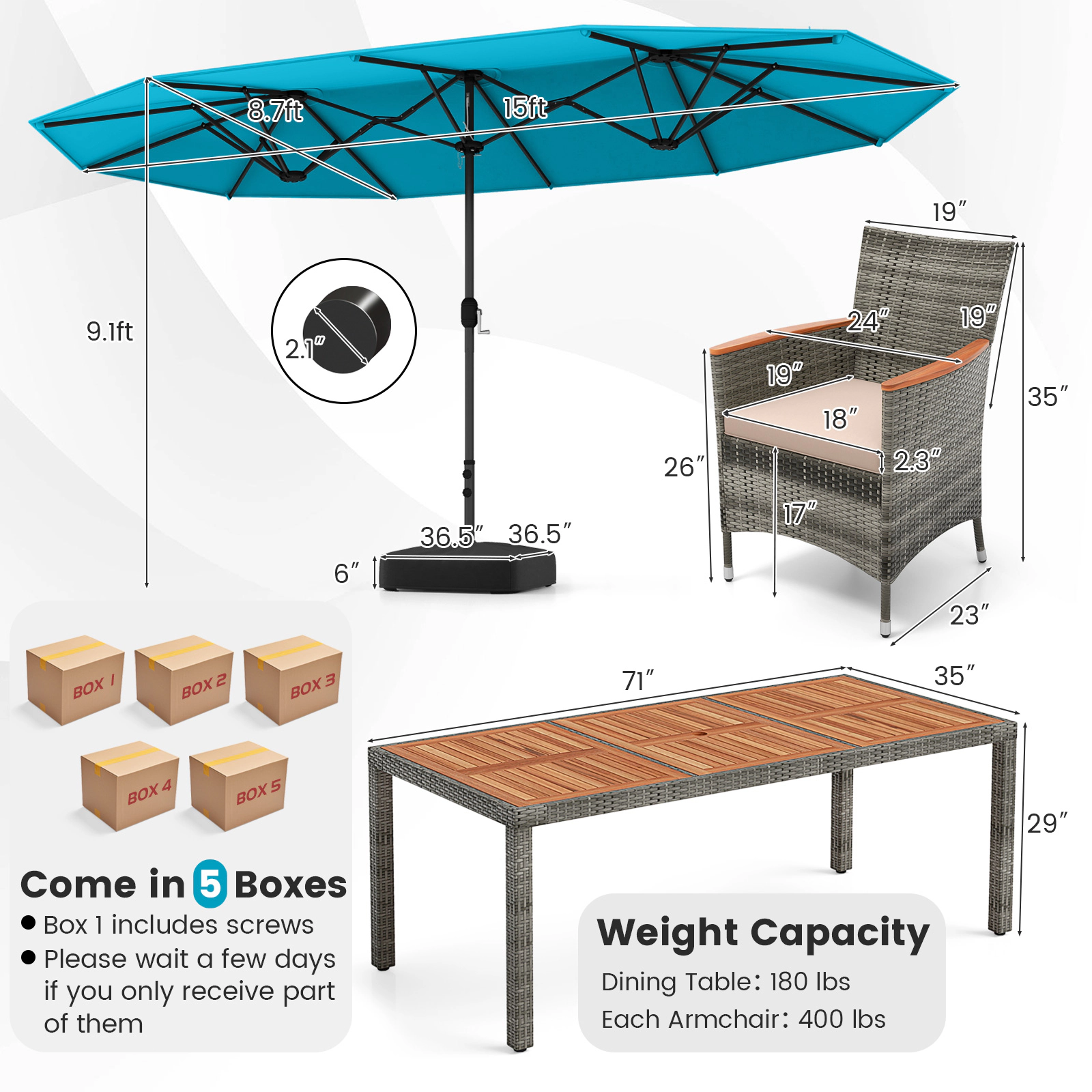 SUGIFT 10-Piece Turquoise Outdoor Wicker Dining Set, 75-In Acacia Table, 15-Ft Double-Sided Umbrella