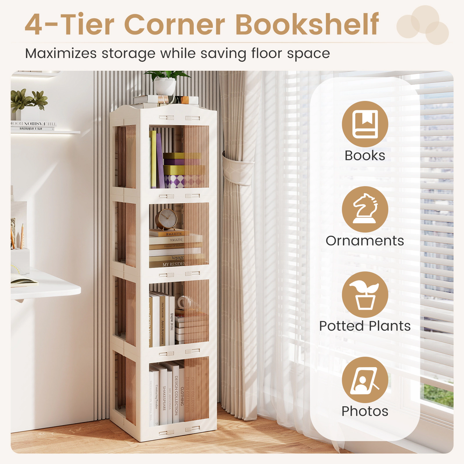 SUGIFT 4-Tier Foldable Rotating Bookshelf with Swivel Base and Translucent Panels 22-lb Per Shelf White
