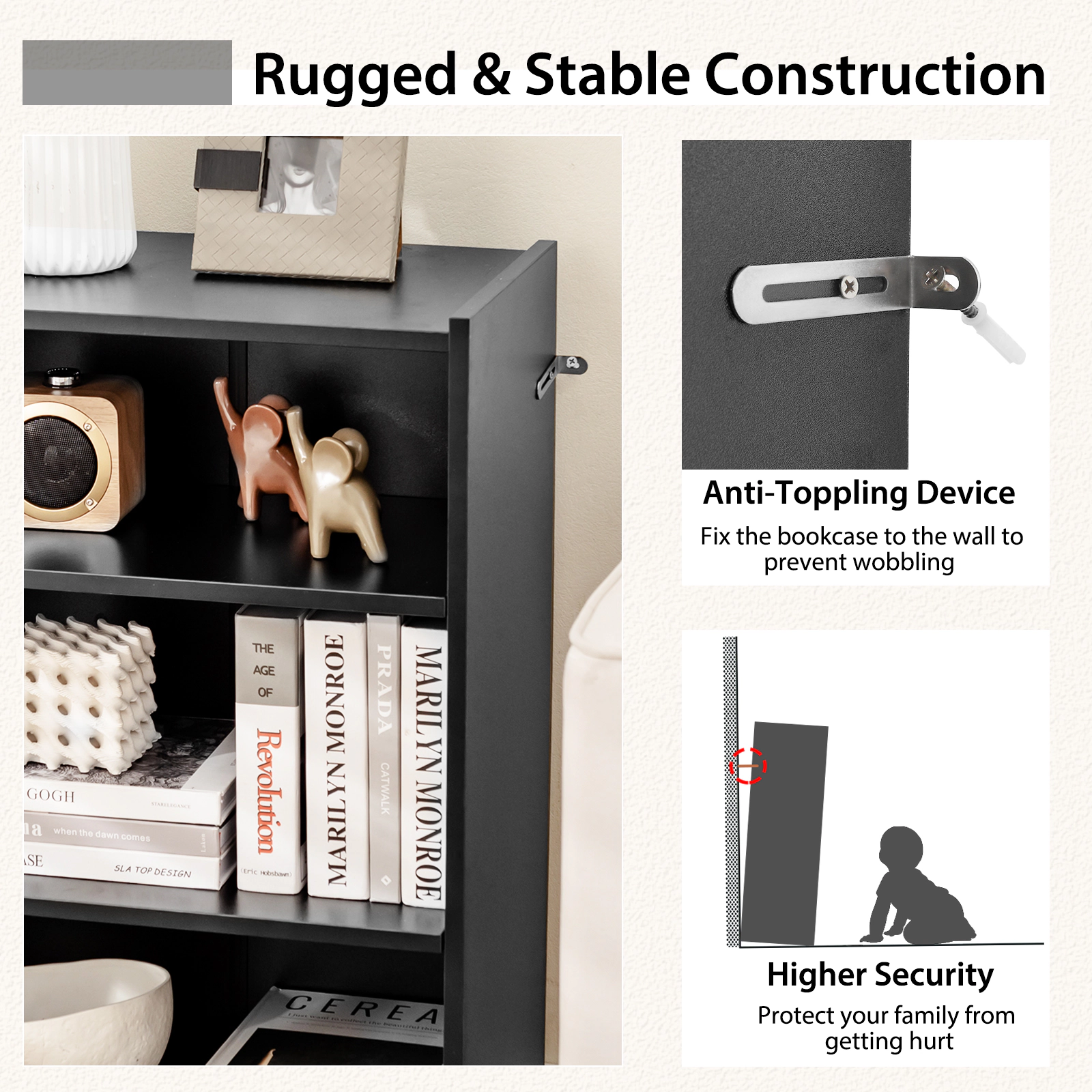 SUGIFT 3-Tier Black 29.5-in Small Bookshelf with 18-Position Adjustable Shelves and Open Display Rack
