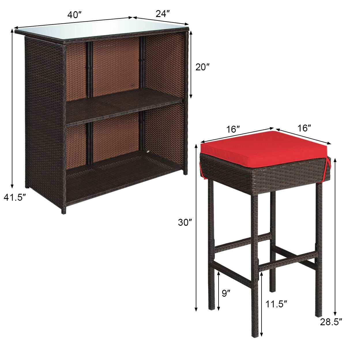 SUGIFT 3-Piece Brown Patio Rattan Bar Set with Glass-Top Table, Shelf and 2 Stools