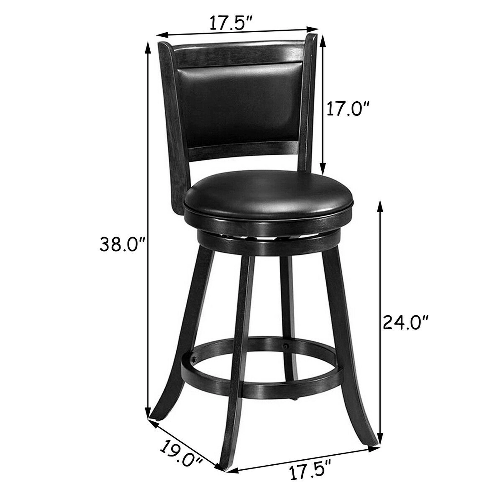 SUGIFT 2-Piece 24-in Swivel Counter Stool Set 264-lb Capacity Rubber Wood Frame Upholstered Seat Panel Back Black