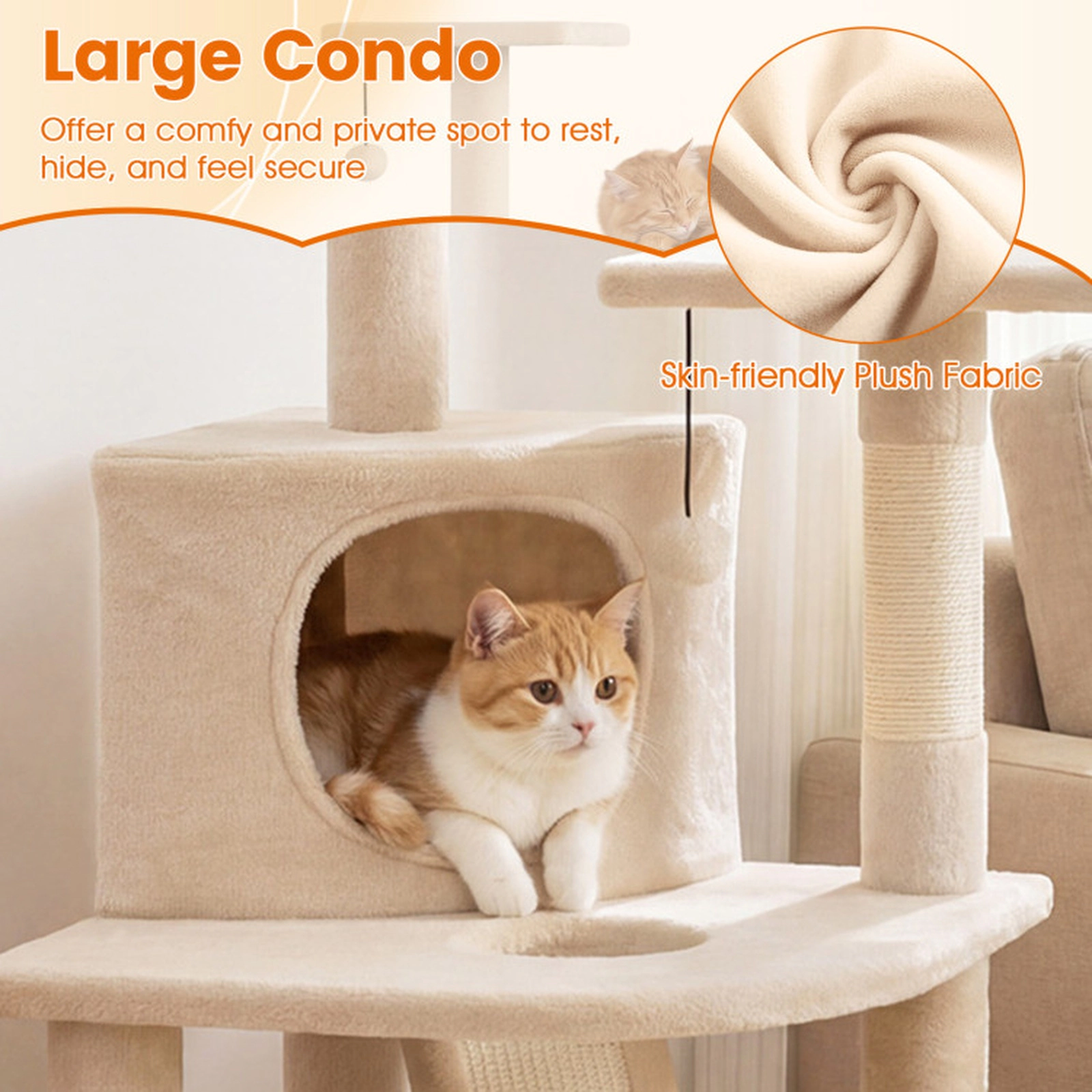 SUGIFT Multi-Level Cat Tree Tower with Condo Ramp and 2 Plush Perches 44-in Tall 22-lb Capacity Beige