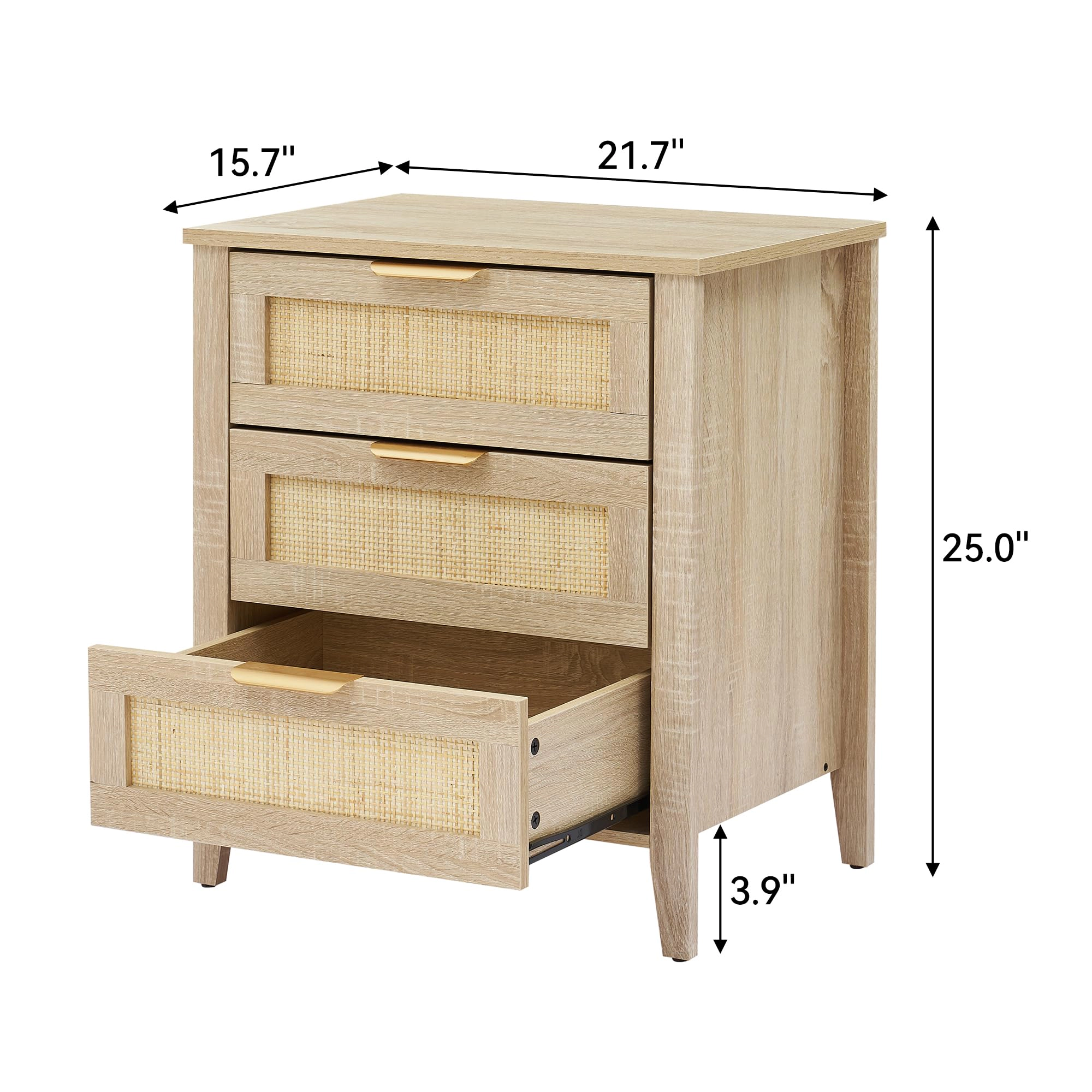 BebreezChic Set of 2 3-Drawer Nightstands with Rattan Fronts and Metal Handles