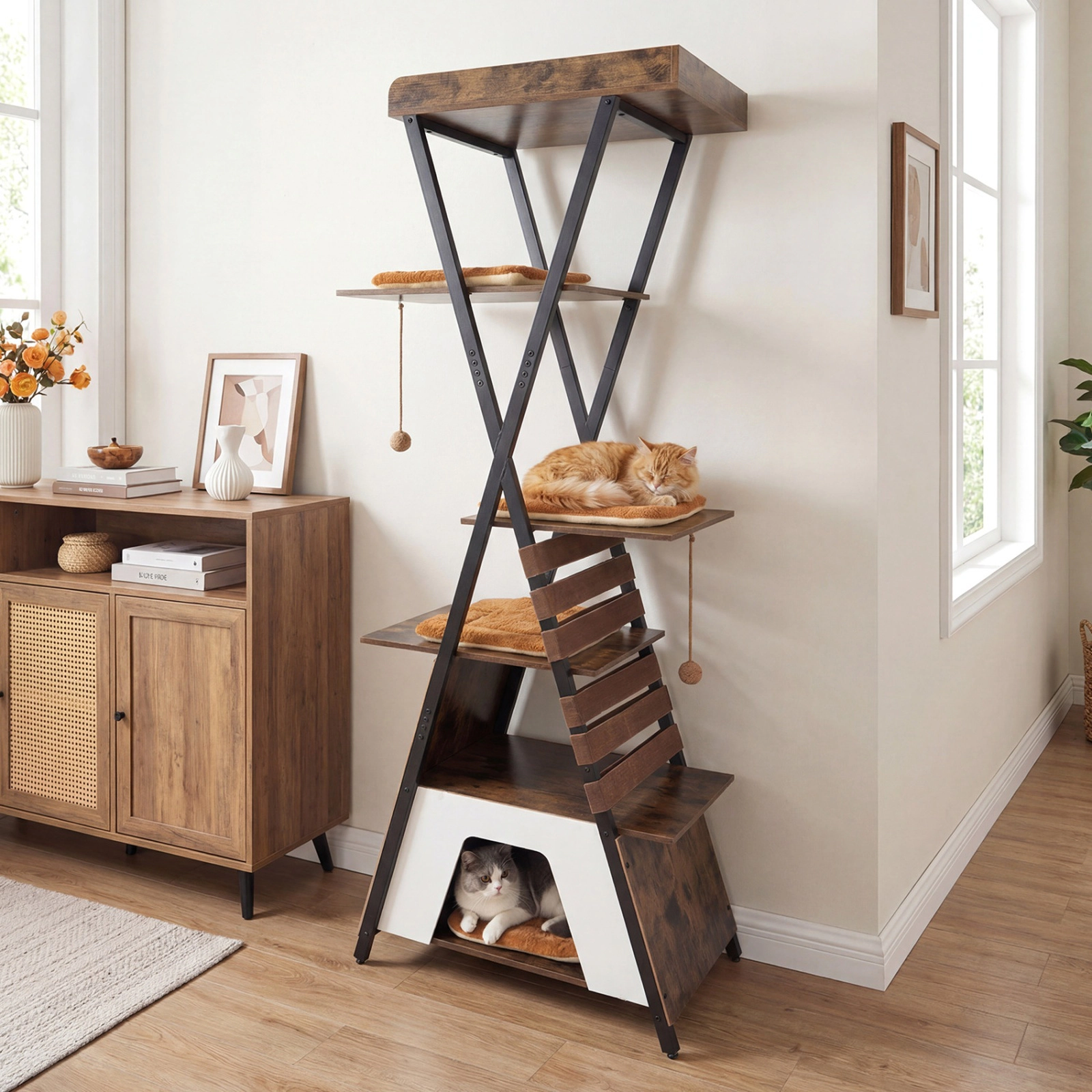 SUGIFT Rustic Brown X-Frame Metal Base and 27 in Condo 73 in Cat Tree