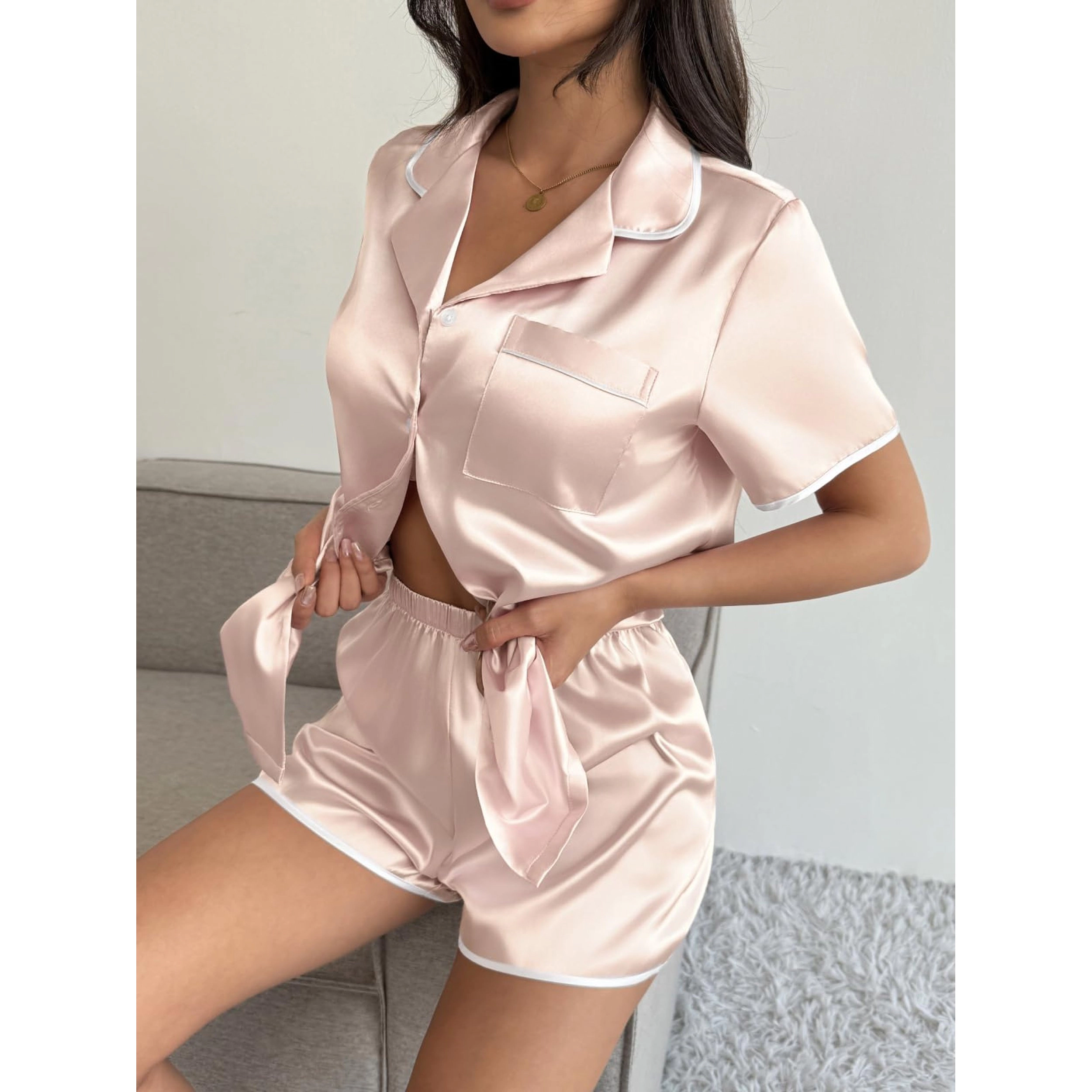 Ekouaer Women's Silky Button Down Pajama Set with Short Sleeve Top and Shorts