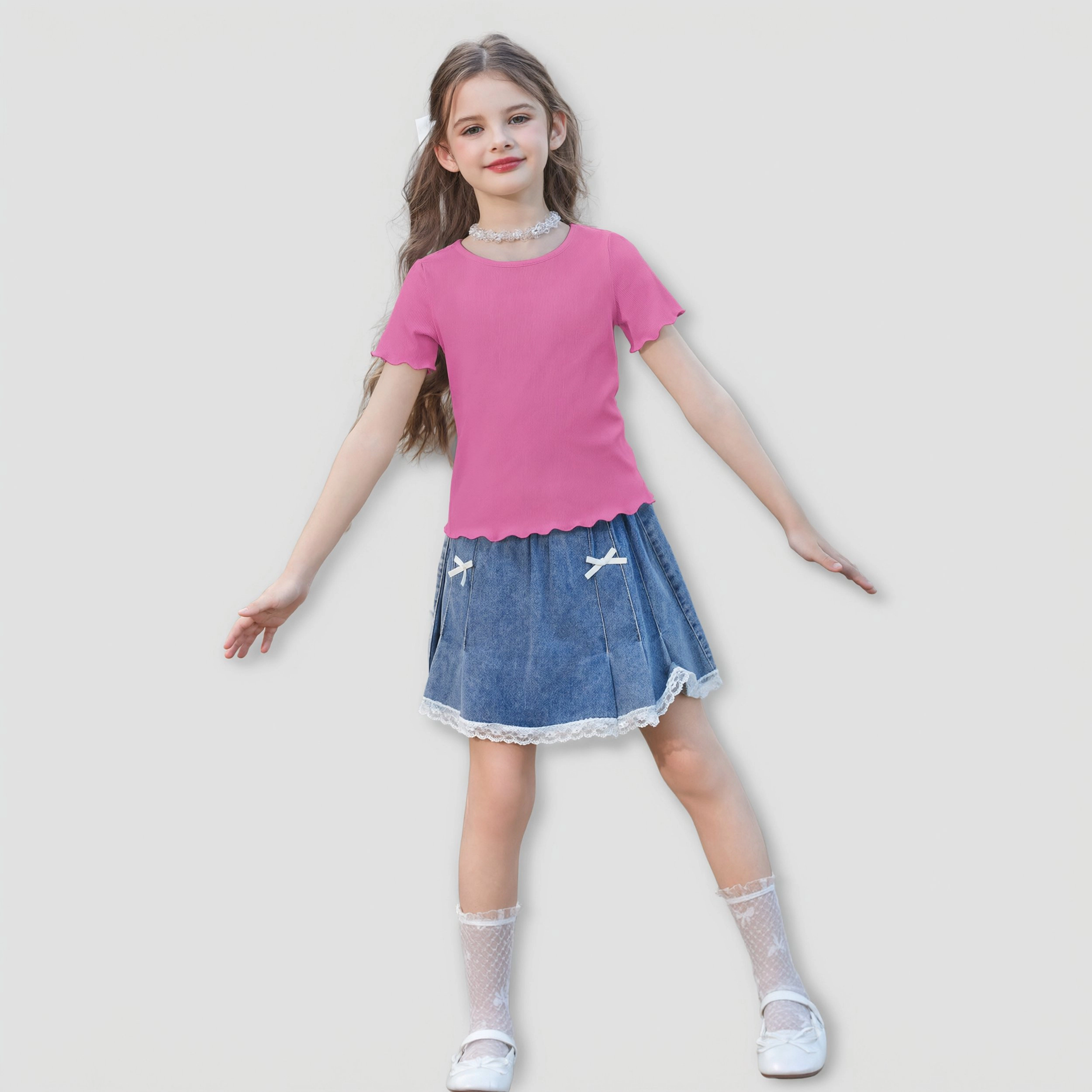 Arshiner Girl's Lettuce Trim Short Sleeve Ribbed Knit Crewneck T-Shirt
