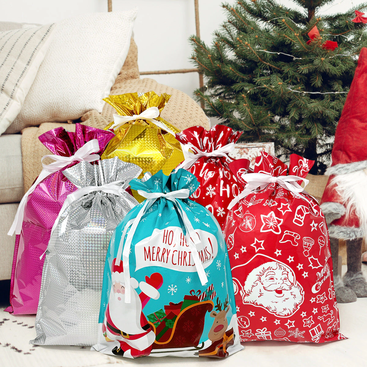 Wrapables Christmas Drawstring Gift Bags for Party Favors, Treats, Gift Wrap, Parties, (Set of 6) XL Red & White