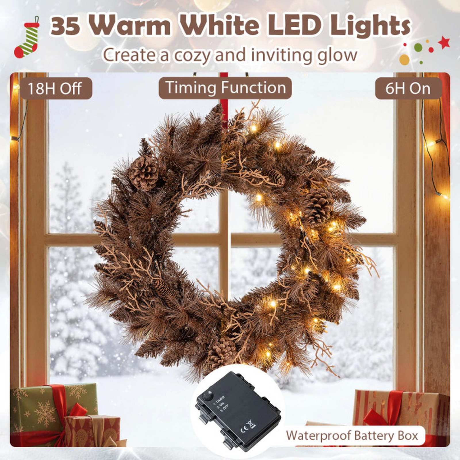 SUGIFT Brown 24-in Pre-Lit Christmas Wreath with 35 Warm White LED Lights 105 Branch Tips and 6 Pine Cones