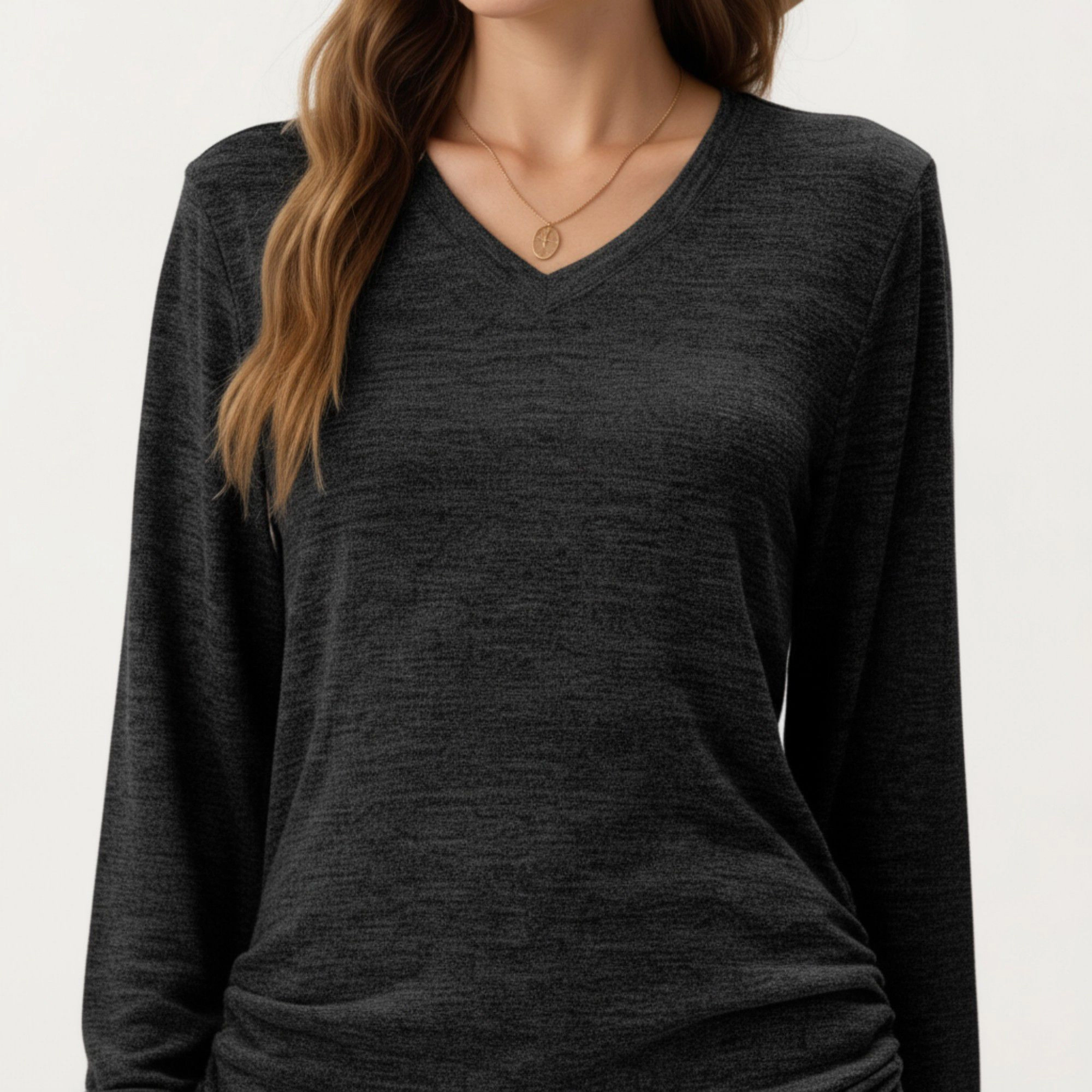 Anna-Kaci Women's V-Neck Side Drawstring Ruched Hem Long Sleeve Knit Top
