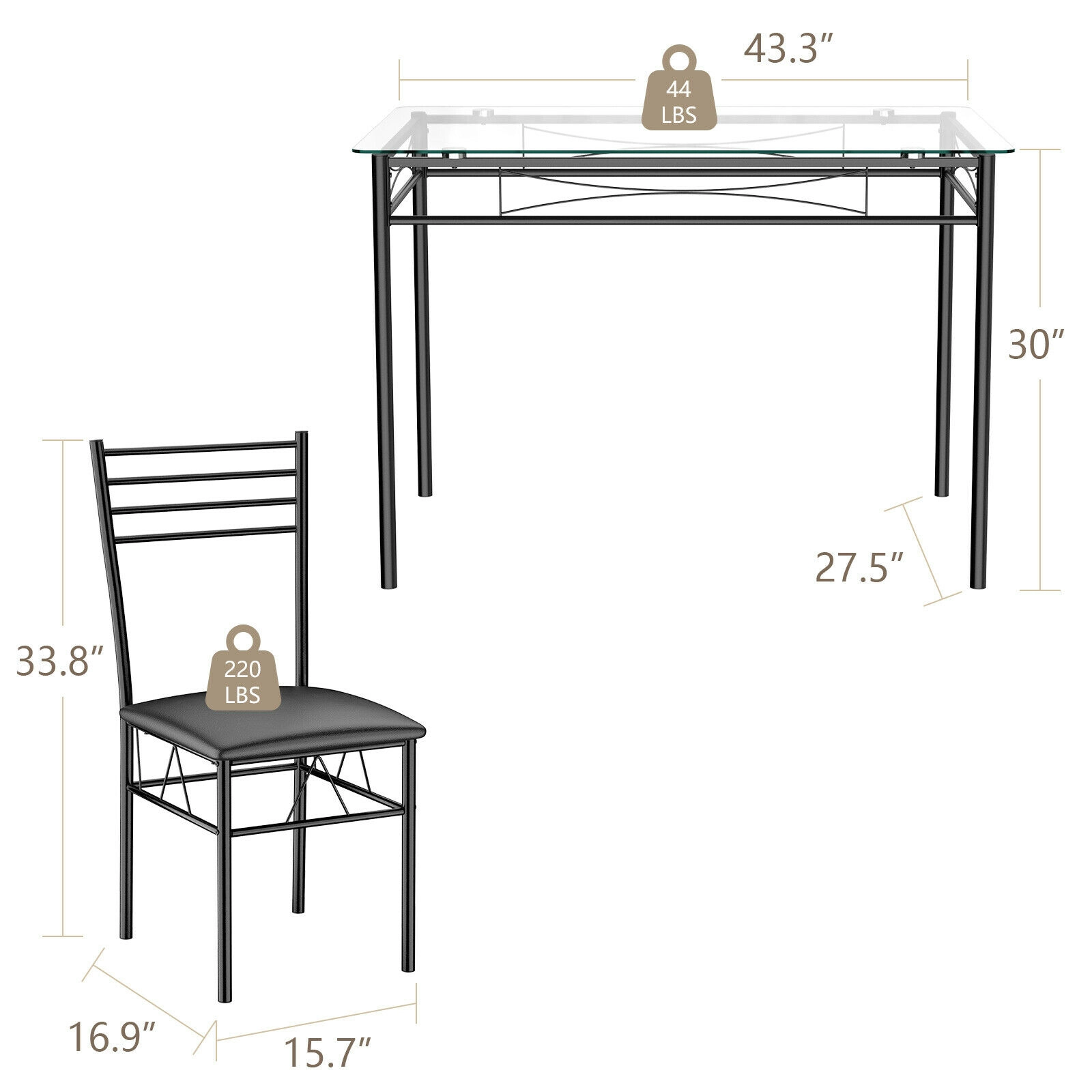 SUGIFT Tempered Glass Top 5-Piece Dining Set with Metal Frame Table 44-lb Capacity and 4 Upholstered Chairs
