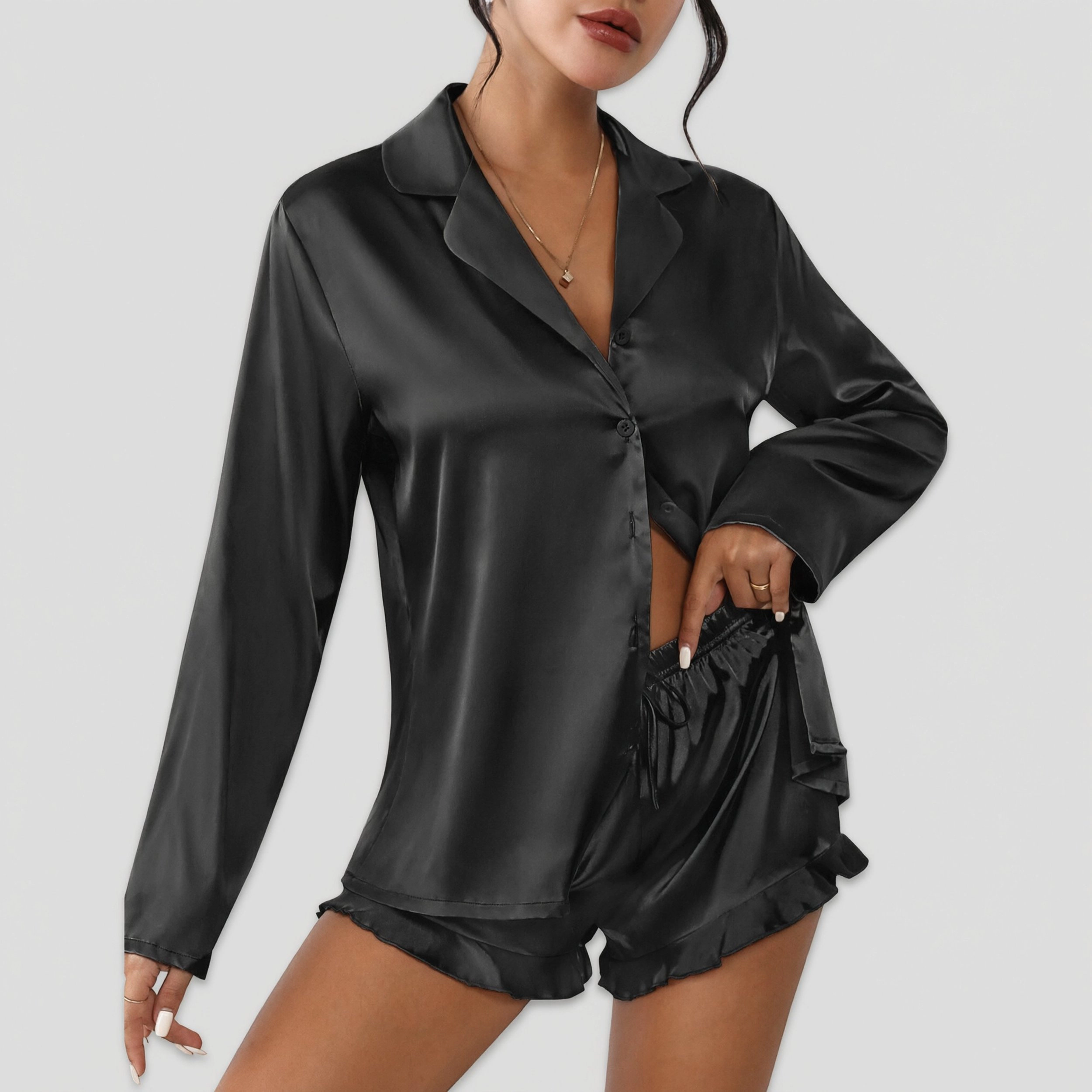 Ekouaer Womens Satin Pajama Sets Long Sleeve Top and Shorts Lounge Set Button Down Sleepwear