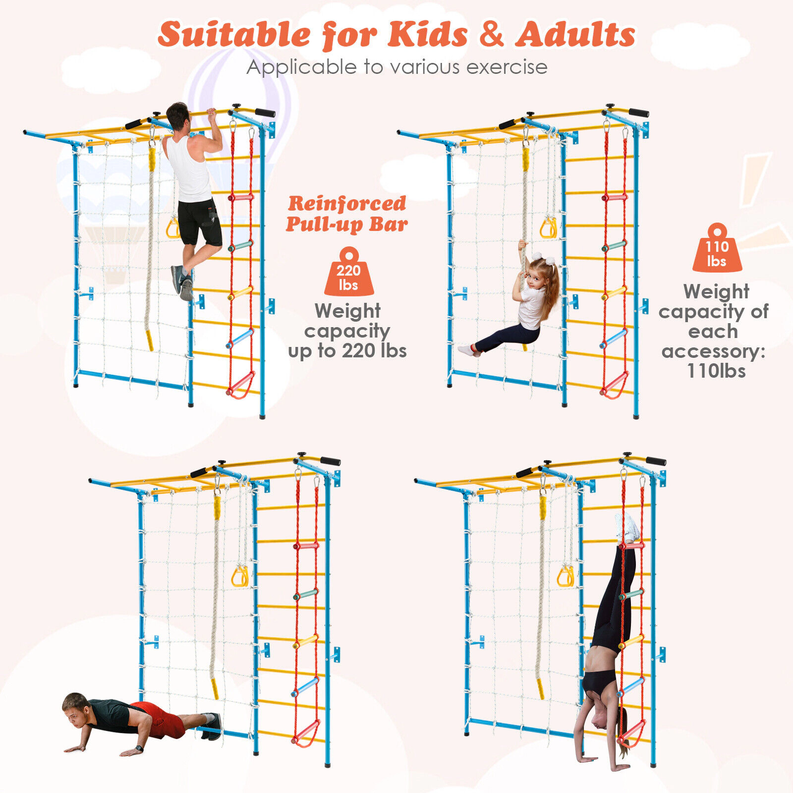 SUGIFT Yellow Monkey Bars and Rope Wall 78 Inch 7-in-1 Kids Indoor Gym Wall Ladder