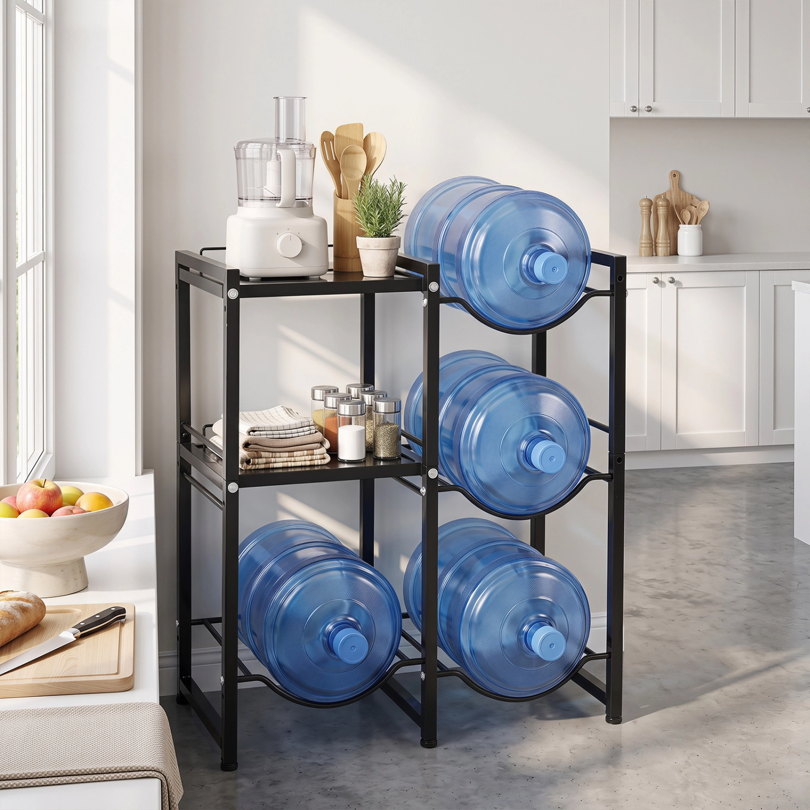 SUGIFT 3-Tier Carbon Steel 5 Gallon Water Jug Holder Storage Rack 25.5-in x 13-in x 30.5-in 45-lb per Shelf Black
