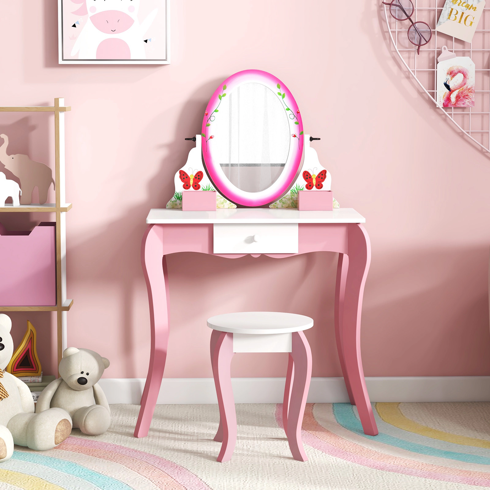 SUGIFT Kids Whiteboard Vanity Table and Stool Set with Rotating Mirror in Pink