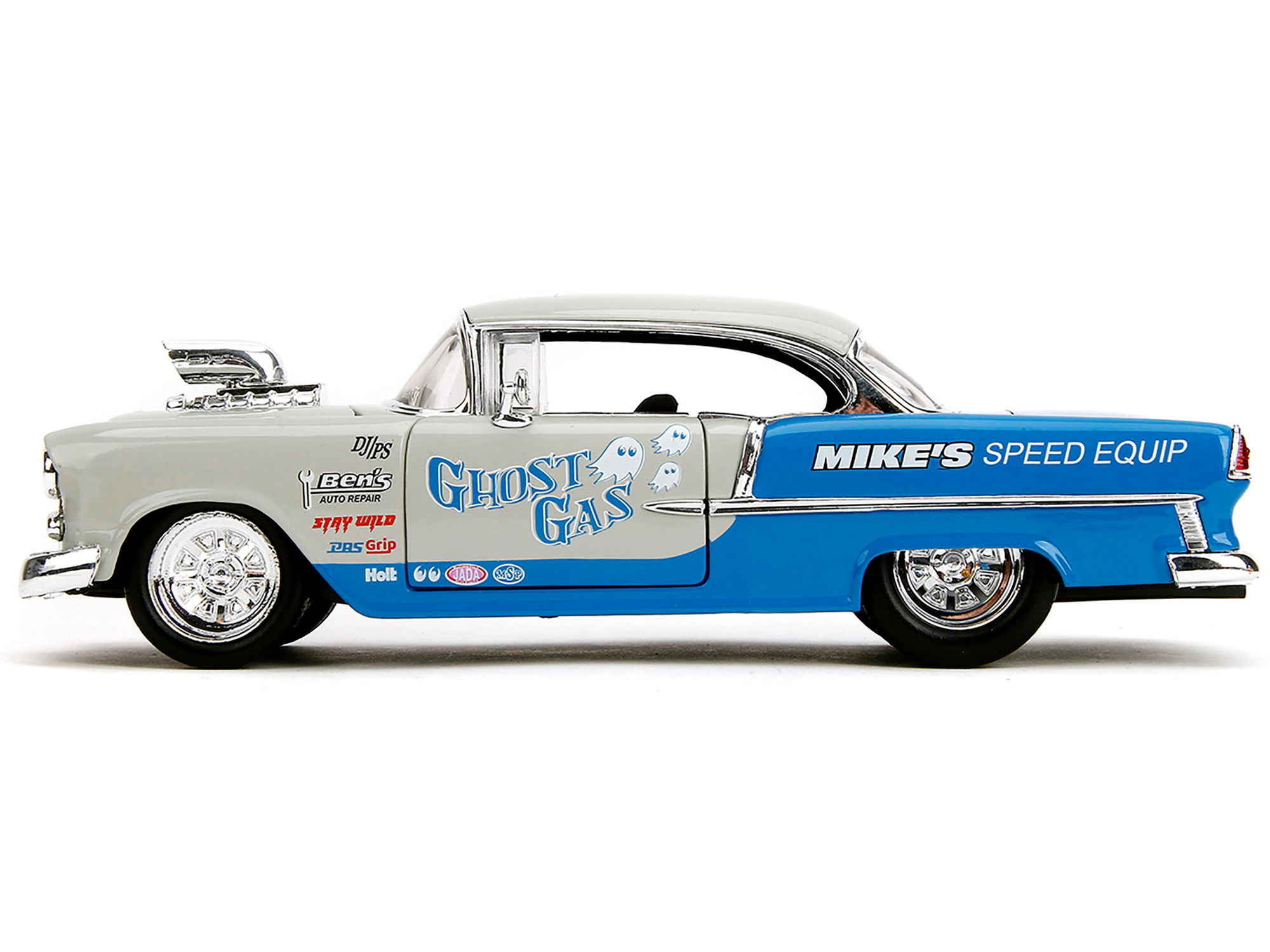 Jada 1955 Chevrolet Bel Air "Ghost Gas - Mike'S Speed Equip" Light Gray And Blue "Bigtime Muscle" Series 1/24
